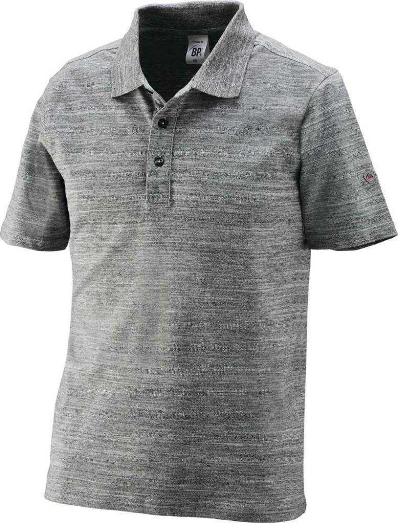 Graues Kurzarm-Poloshirt mit Kragen und dreiknöpfiger Knopfleiste, vor weißem Hintergrund dargestellt.