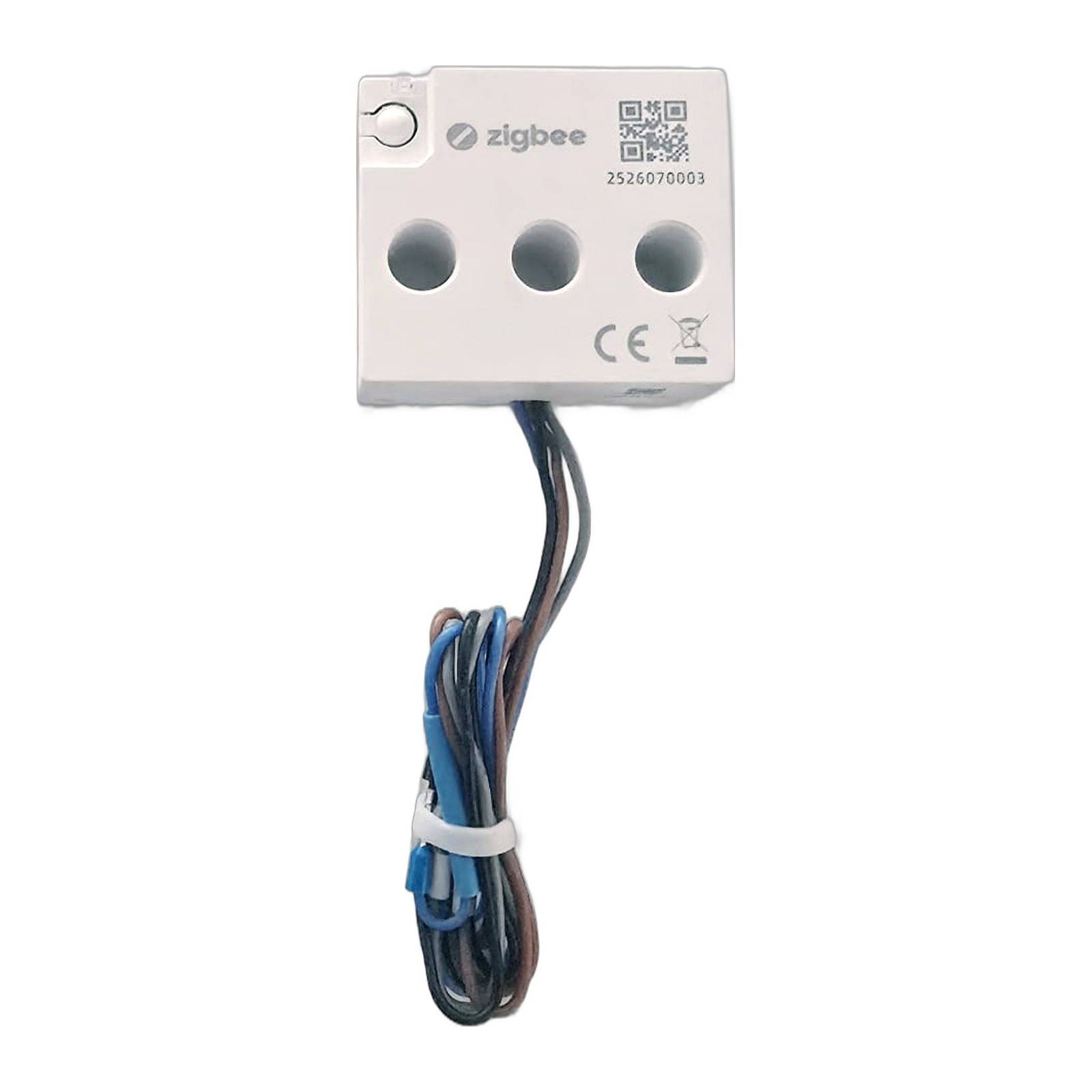 Weißes Zigbee-Elektronikmodul mit drei kreisförmigen Öffnungen und angebundenen Kabelbündeln, dargestellt auf einfachem Hintergrund.