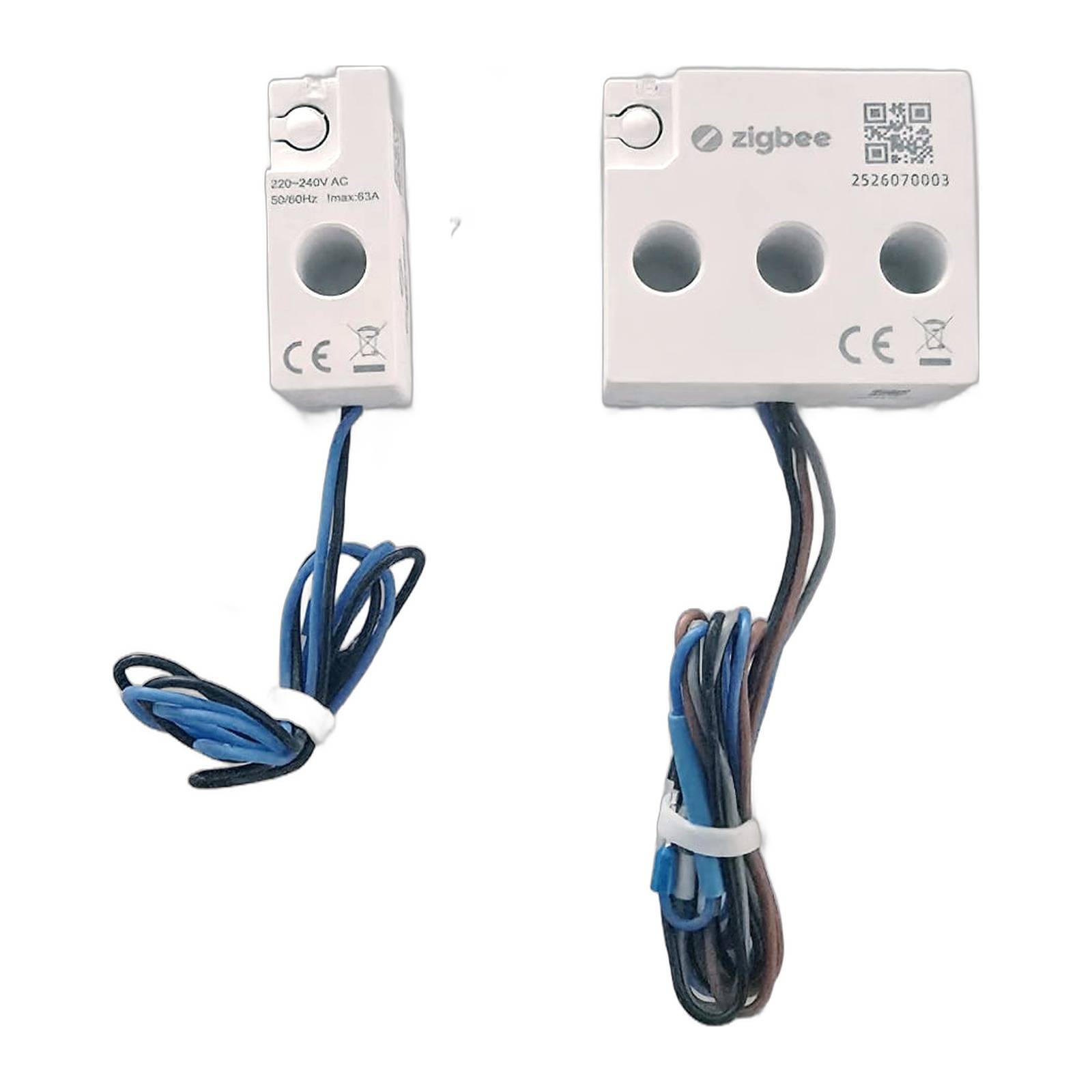 Zwei Zigbee-Elektromodule mit angebrachten blauschwarzen Drähten, vermutlich Sensoren oder Schalter, auf einem einfachen weißen Hintergrund dargestellt.