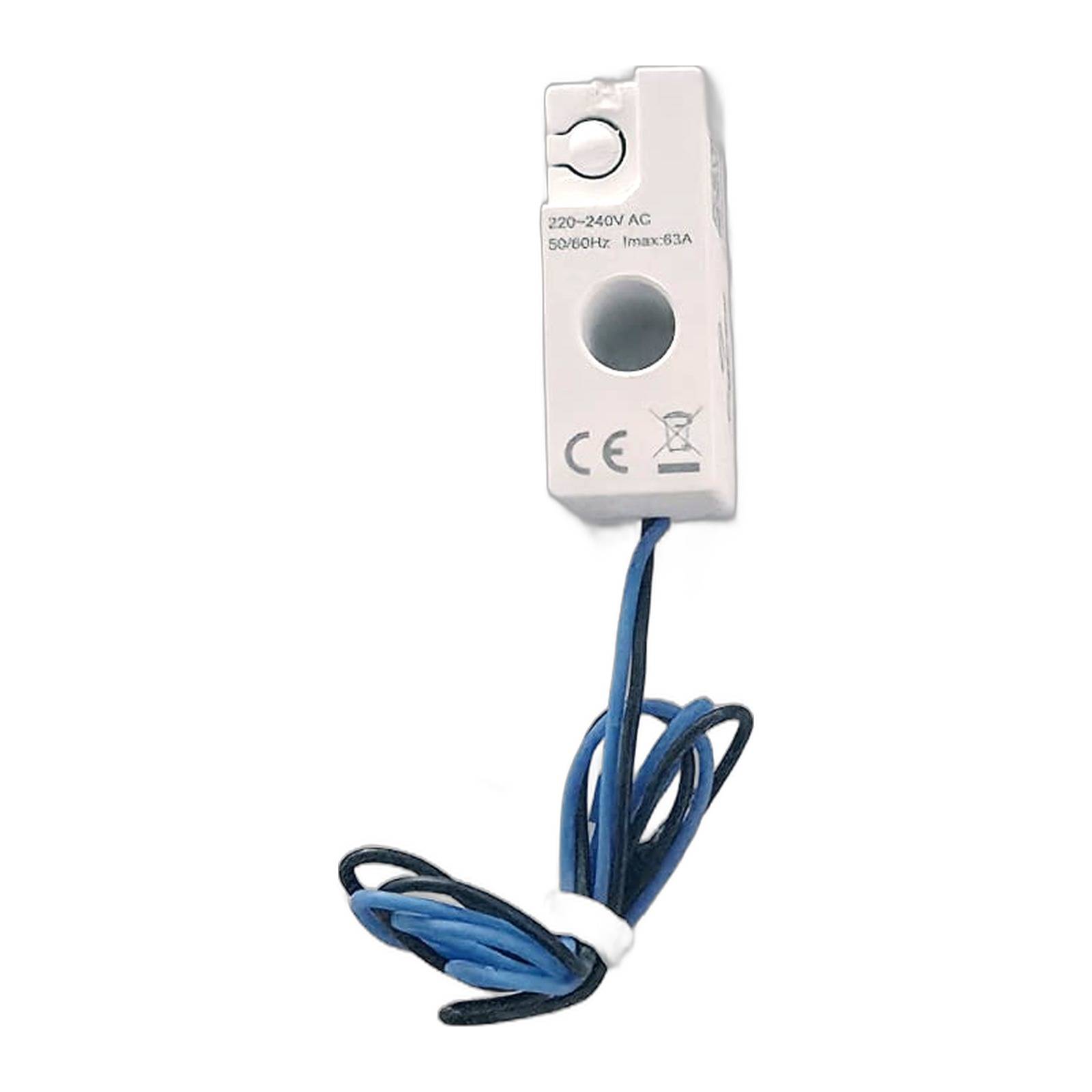 Kleines weißes Elektroschaltermodul mit angeschlossenen blauen und schwarzen Drähten, gekennzeichnet mit „220-240V AC