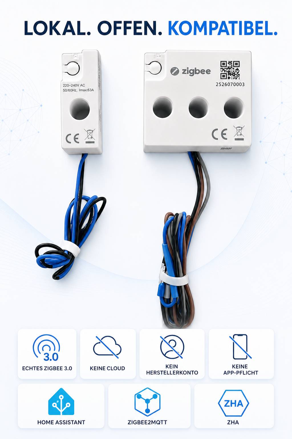 Werbebild von zwei Zigbee-Relaismodulen mit Drähten, unter dem Slogan „LOKAL. OFFEN. KOMPATIBEL.