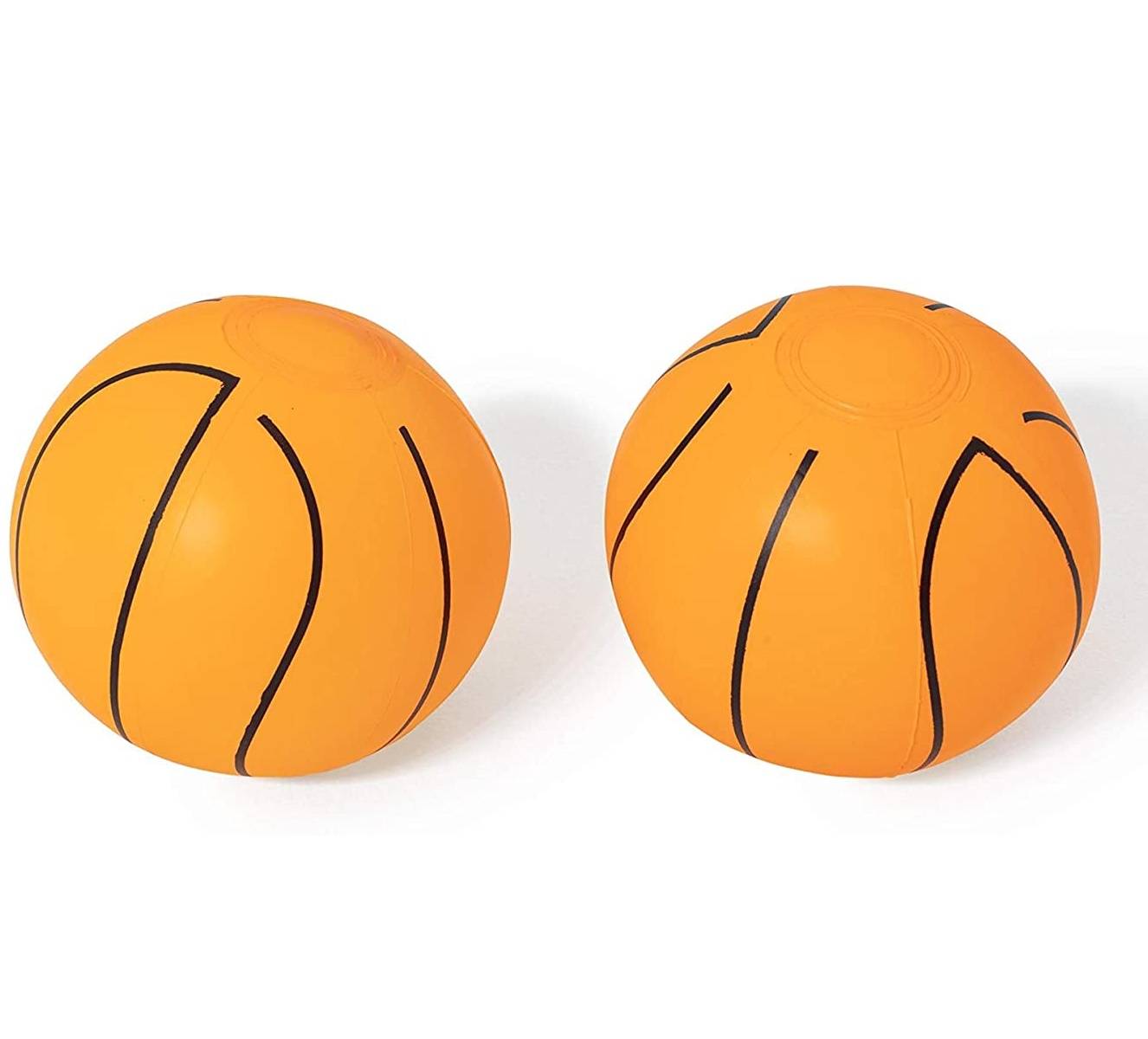 Zwei orangefarbene basketballförmige Bälle mit schwarzen gekrümmten Linien, nebeneinander auf weißem Hintergrund dargestellt.