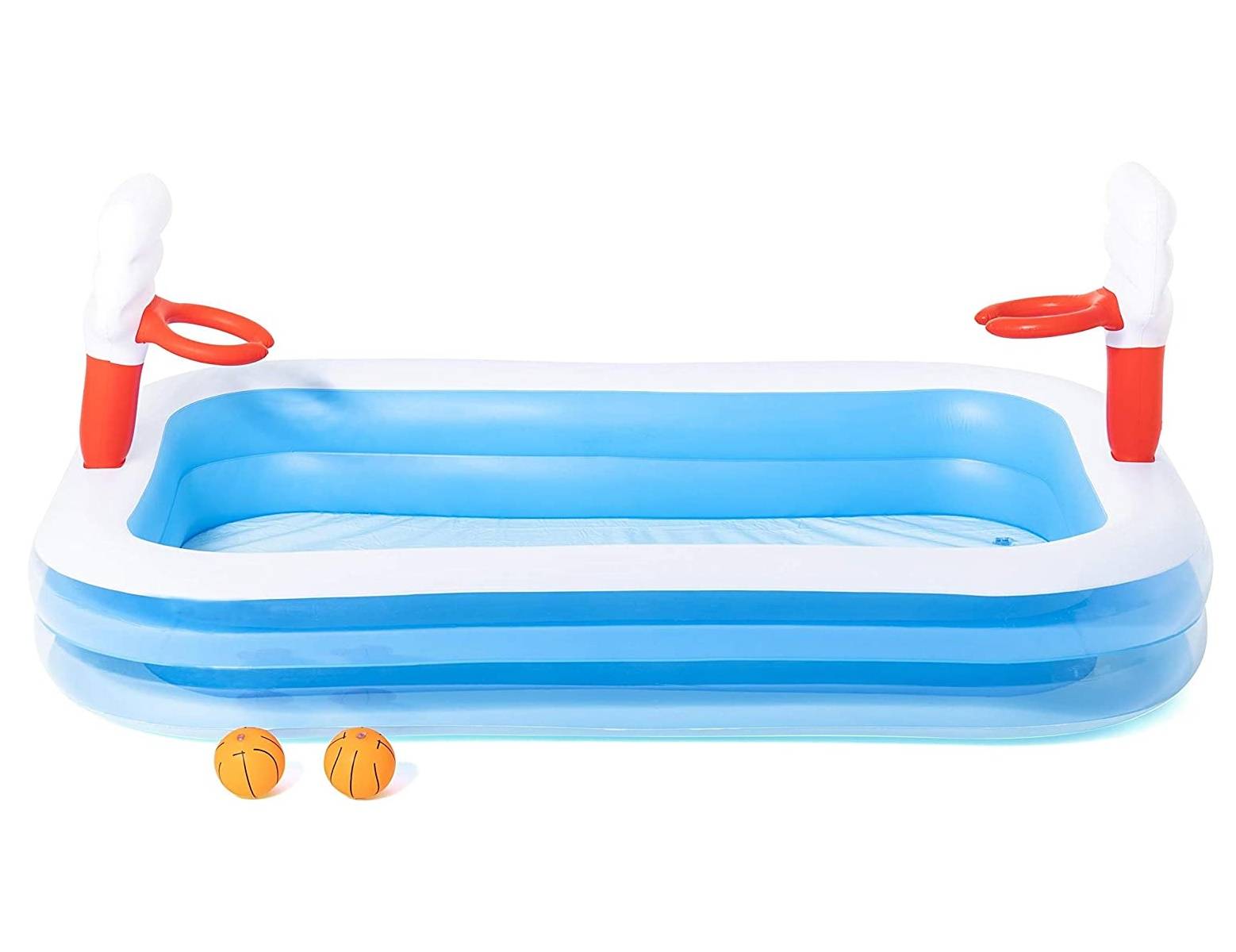 Aufblasbares Mini-Basketballkorb-Set mit blau-weißem Pool-Stil-Rahmen, roten Korbringen und zwei kleinen orangefarbenen Bällen.