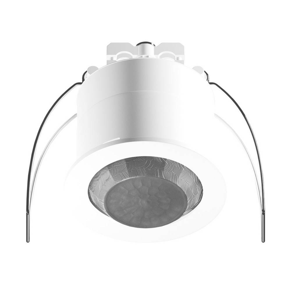 Weiße eingebaute Deckenleuchte mit runder LED-Lampe und gebogenen Federclips auf weißem Hintergrund.
