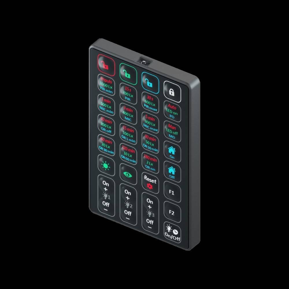 Abgewinkelte schwarz beleuchtete Steuertastatur mit mehreren beleuchteten Tasten für Rot, Grün, Blau, Weiß, Automatikmodus, Zurücksetzen und Funktionstasten.