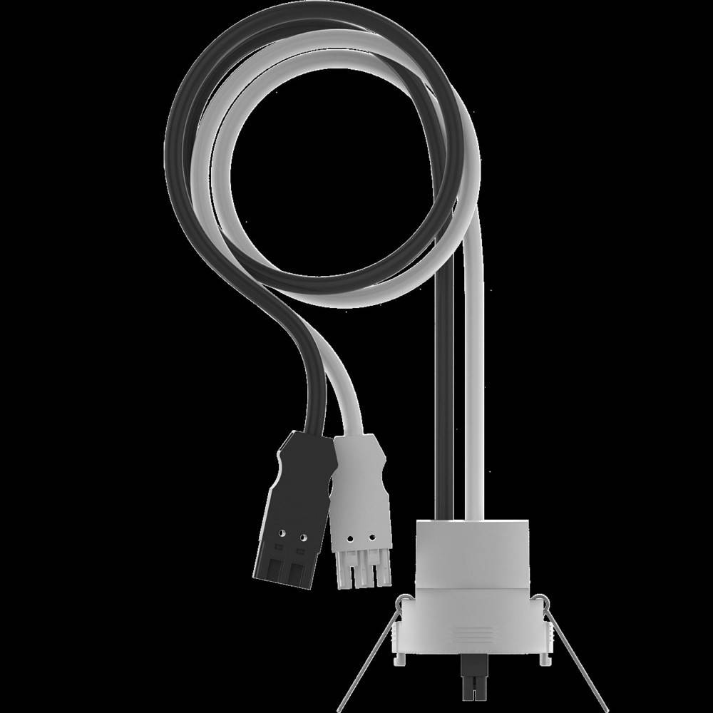 Aufgerolltes Kabel mit zwei USB-Steckern und einem weißen Endadapter auf schwarzem Hintergrund.