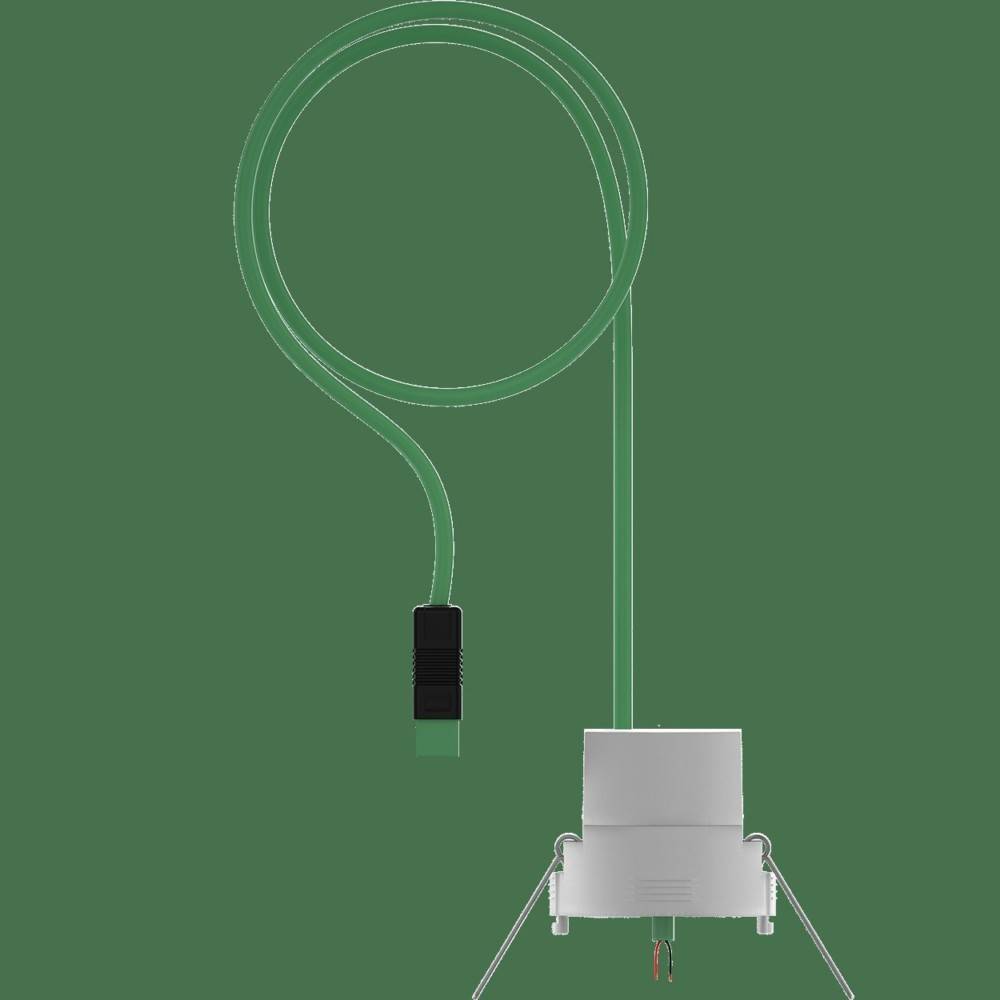 Ein kleines zylindrisches Gerät mit einer durchsichtigen, spiralförmig aufgerollten Schlaifenschleife und hängendem Kabel, gezeigt vor einem einfachen grünen Hintergrund.