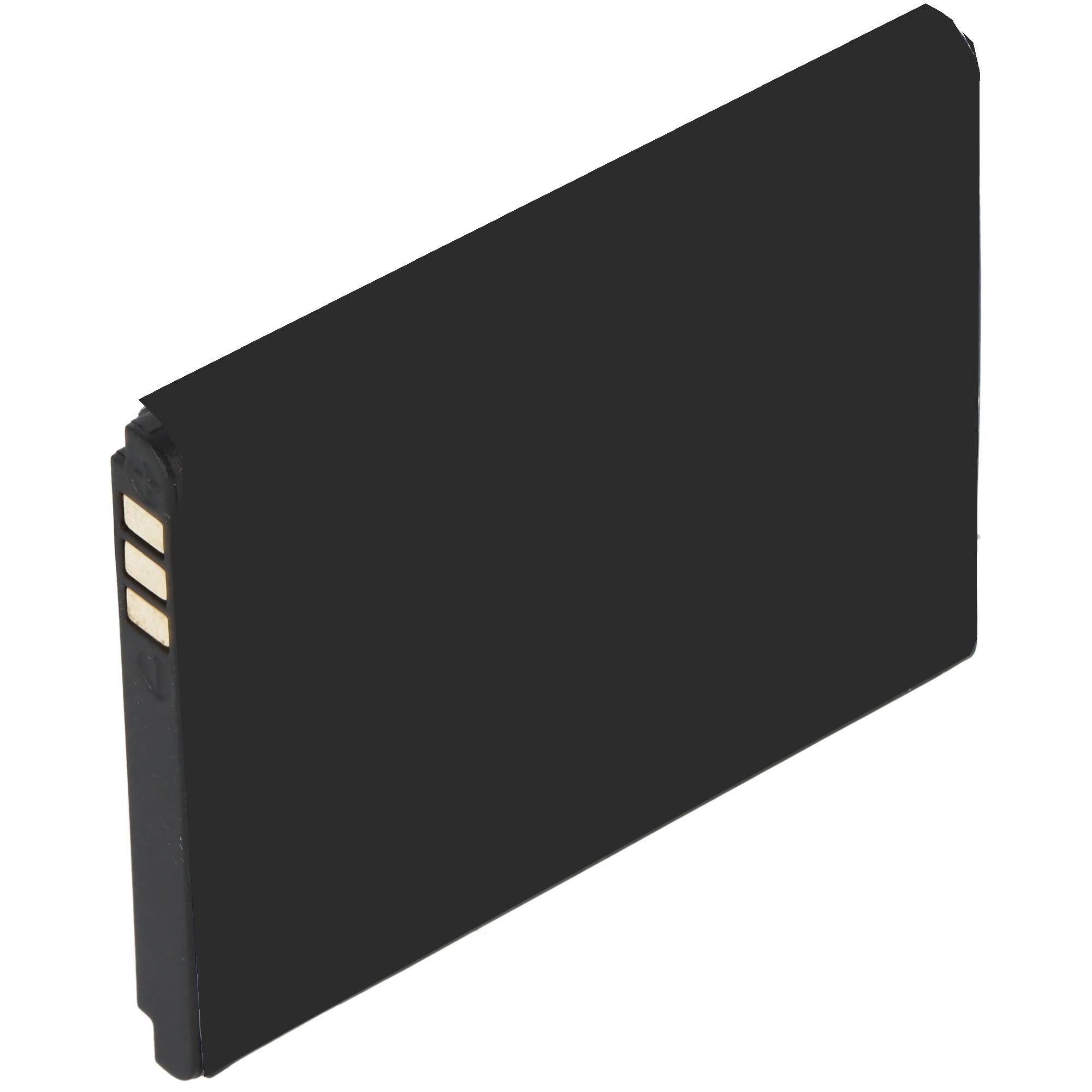 Schwarzes rechteckiges wiederaufladbares Batteriepack im Profil mit drei goldenen Kontakten auf einer Kante.