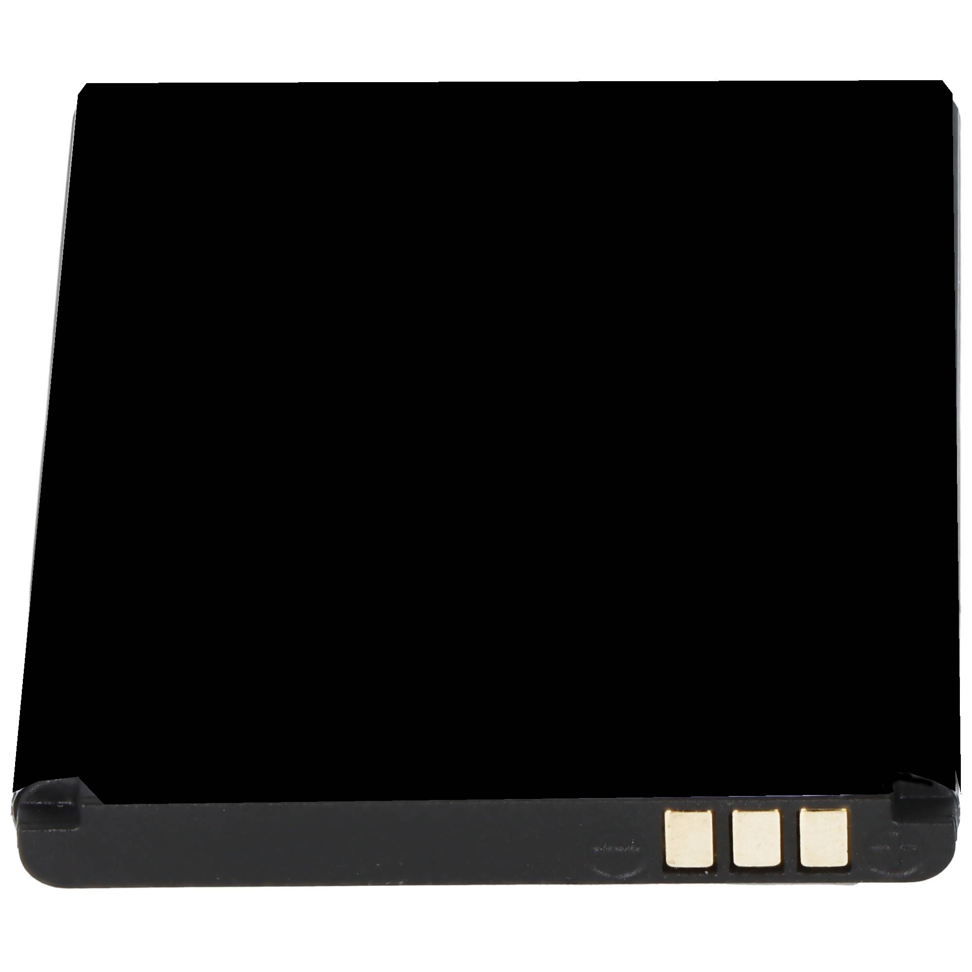 Schwarze rechteckige Batterie- oder Bildschirmkomponente mit drei goldenen Kontaktpads entlang der unteren Kante.
