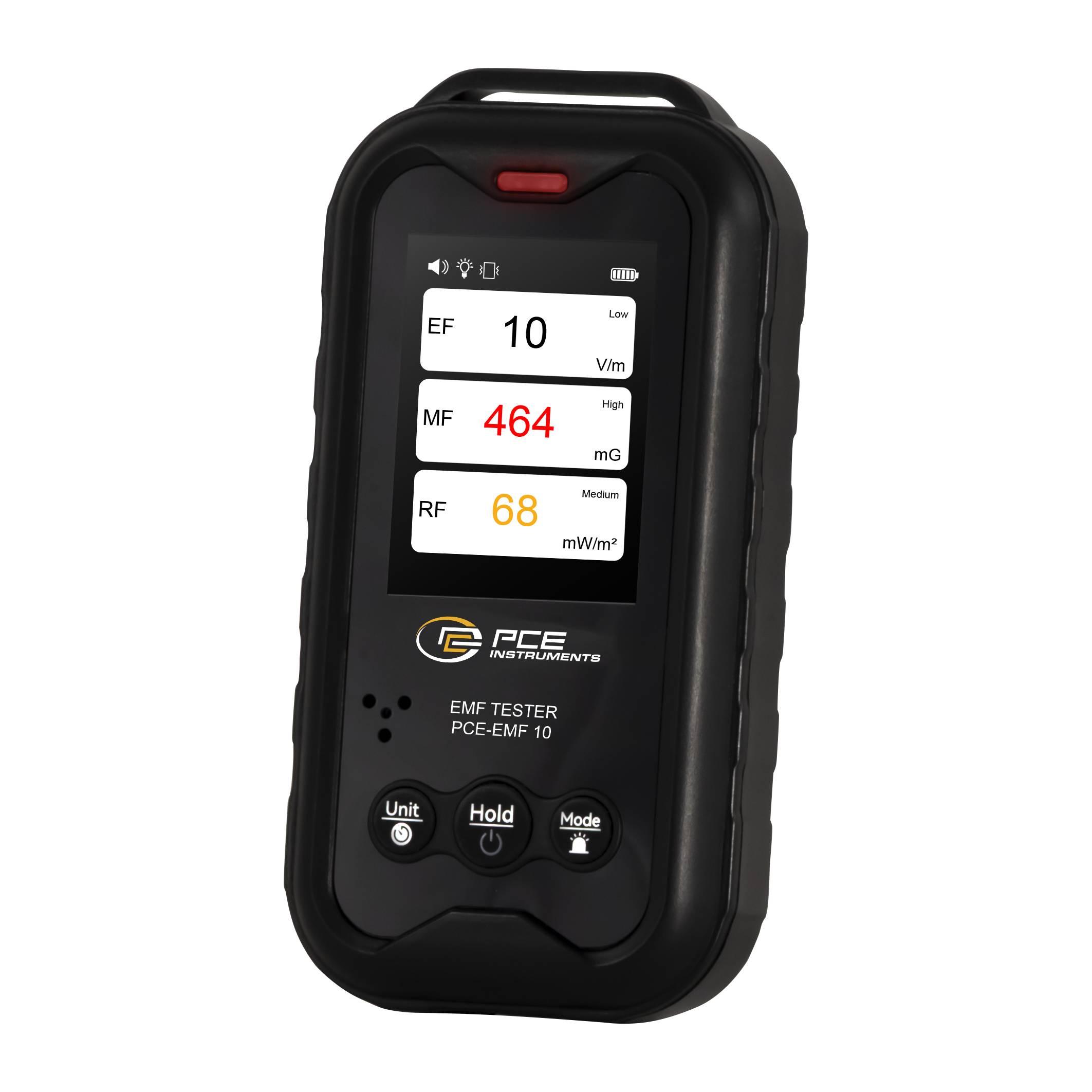 Tragbares EMF-Messgerät mit Anzeigen für EF 10 V/m, MF 464 mG und RF 68 mW/m², mit Tasten für Einheit, Halten und Modus.