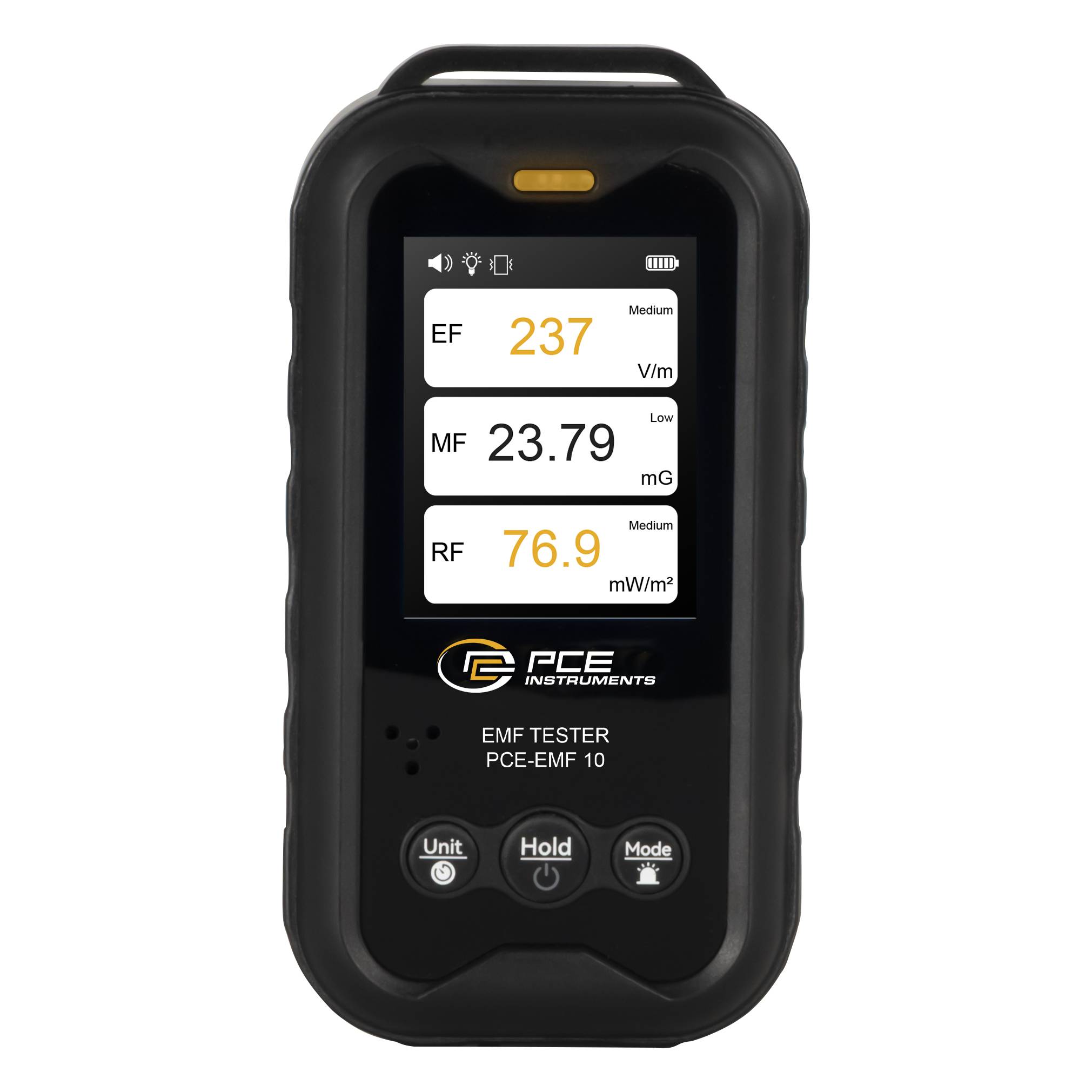 Tragbarer PCE-EMF-Tester zeigt Messwerte für elektrisches Feld 237 V/m, magnetisches Feld 23,79 mG und HF 76,9 mW/m².