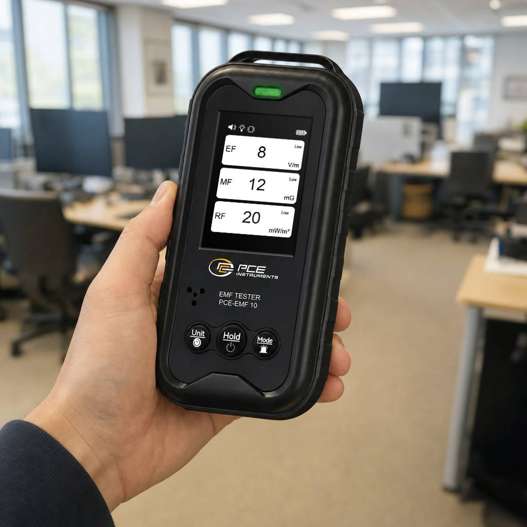 Hand, die einen PCE EMF-Tester in einem Büro hält, wobei die Messwerte auf dem Bildschirm EF 8 V/m, MF 12 mG und RF 20 mW/m² angezeigt werden.