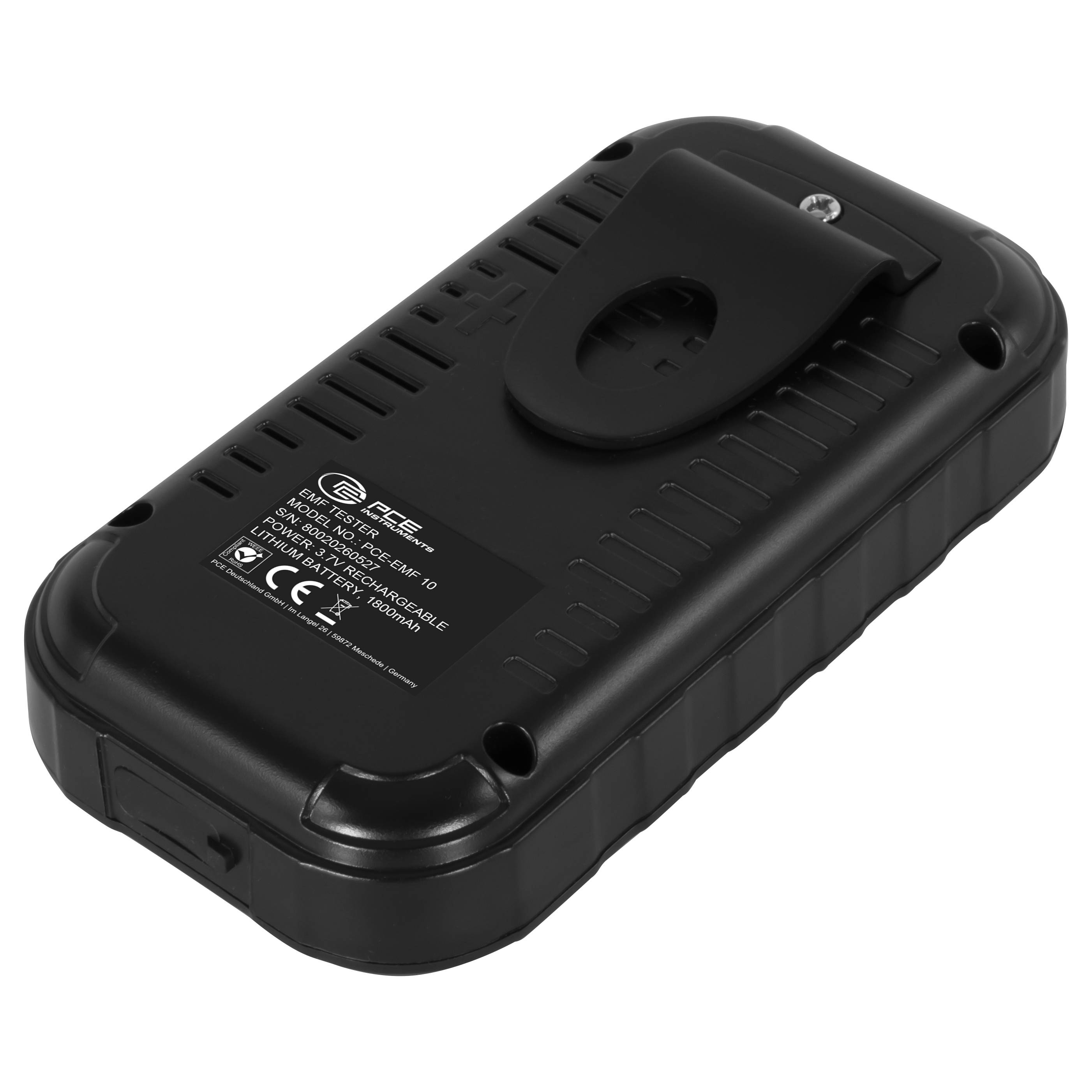 Schwarzes rechteckiges elektronisches Gerät oder Batteriepack mit Befestigungsklip, von hinten auf weißem Hintergrund gezeigt.