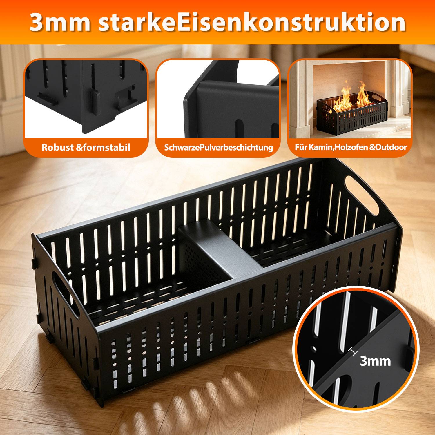 Schwarzer rechteckiger Metallholzkorb aus Stahl mit 3 mm Stahlkonstruktion, schwarzer Pulverbeschichtung und seitlichen Griffaussparungen, dargestellt mit deutschen Funktionsetiketten.
