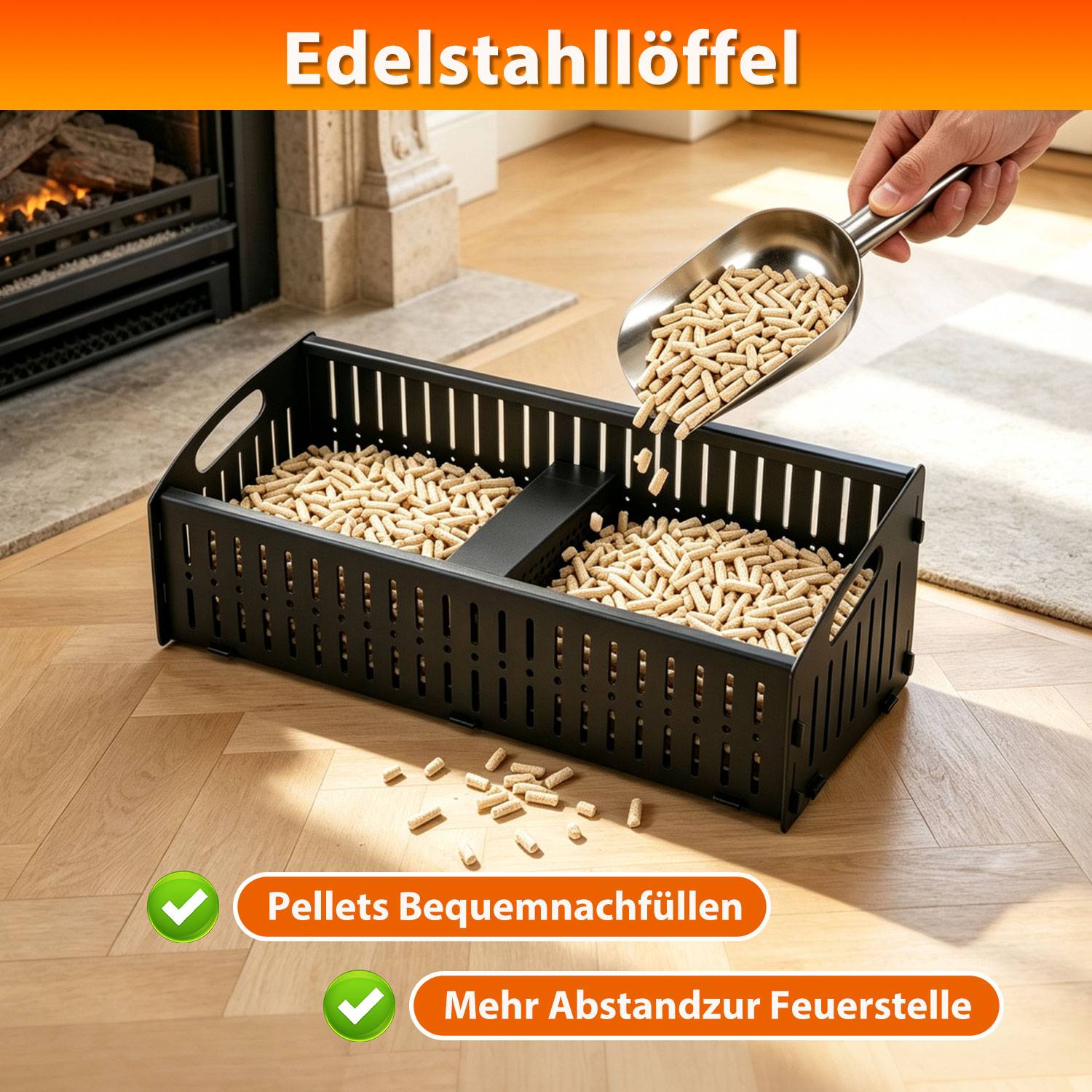 Pelletkorb 48 x 20 x 17 cm 2 Brennkammern Stahl schwarz, Brennkorb Pellets mit Schaufel für Kaminofen und Feuerstelle