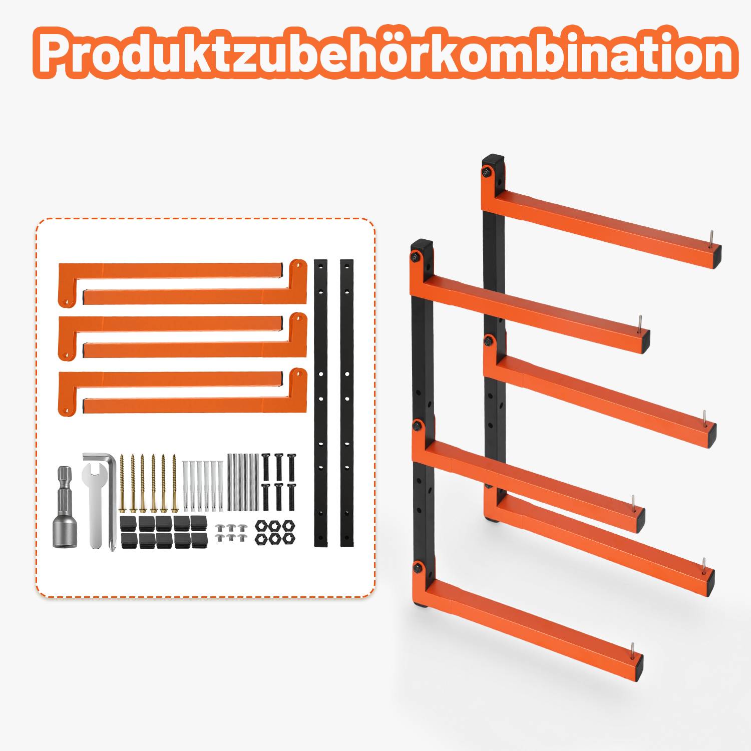 Produktzubehörkombination mit orangefarbigen und schwarzen wandmontierten Halterungsarmen, einschließlich mitgelieferter Montageschienen, Befestigungsmaterial und Montagetools.
