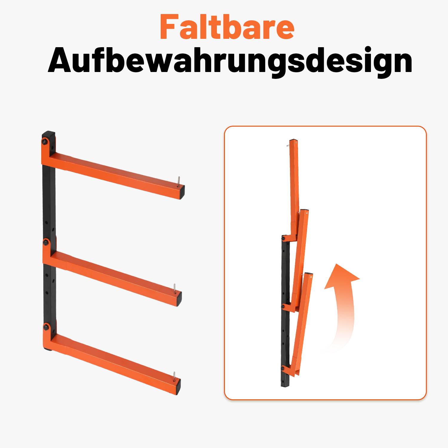 Kaminholzregal Wand 2er Set, 3 Ebenen verstellbar, klappbarer Holzlagerhalter Orange-Schwarz