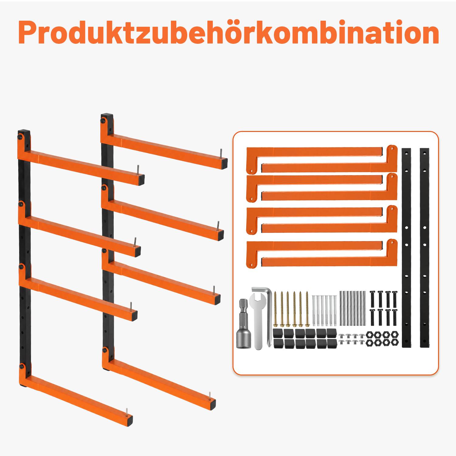 Produktzubehörkombination mit schwarzen Wandschienen, orangefarbenen Auslegerarmen und im Lieferumfang enthaltener Montagehardware auf der rechten Seite.