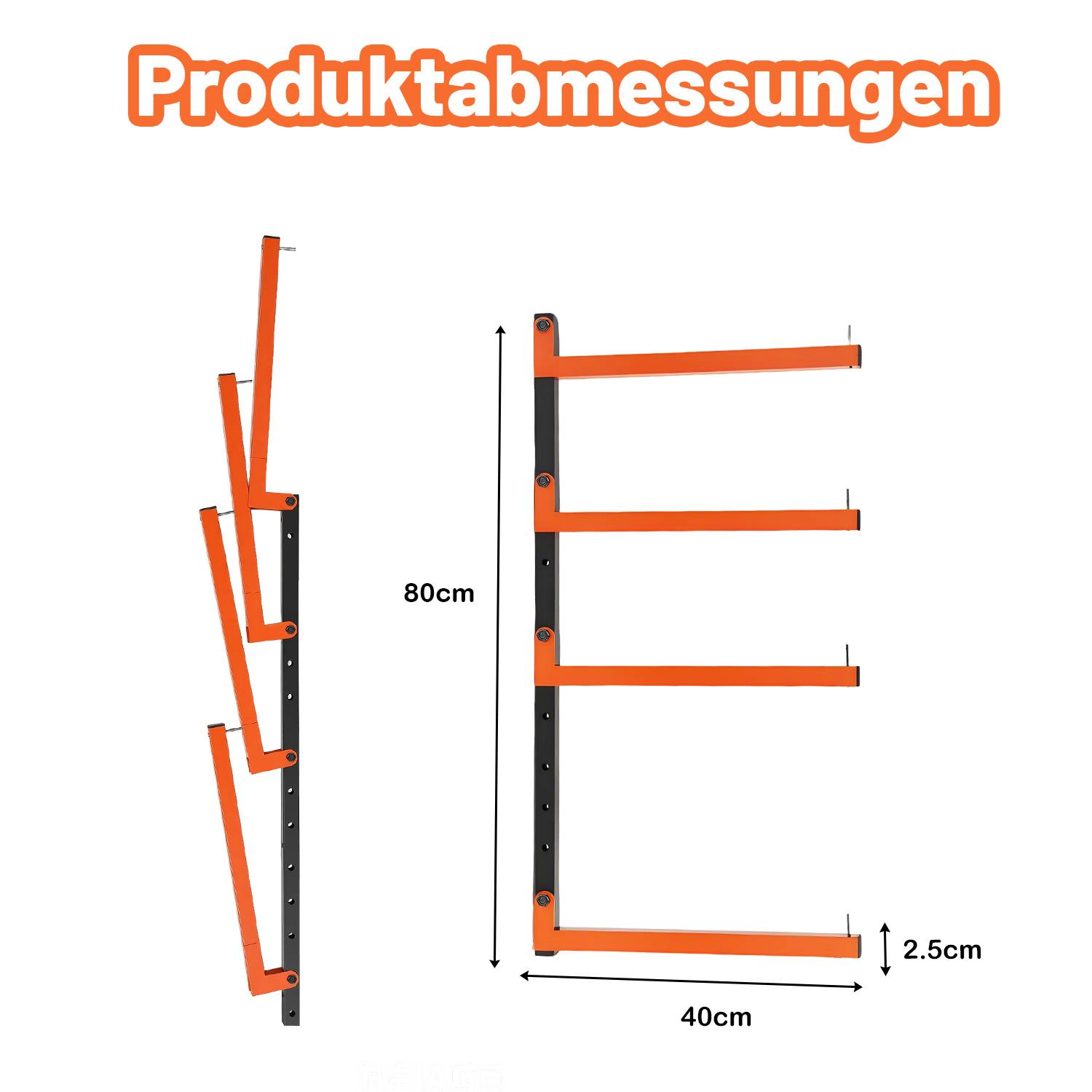 Produktmaße-Diagramm mit einem schwarz-orangefarbenen Wandregal, 80 cm hoch und 40 cm breit mit 2,5 cm Tiefe.