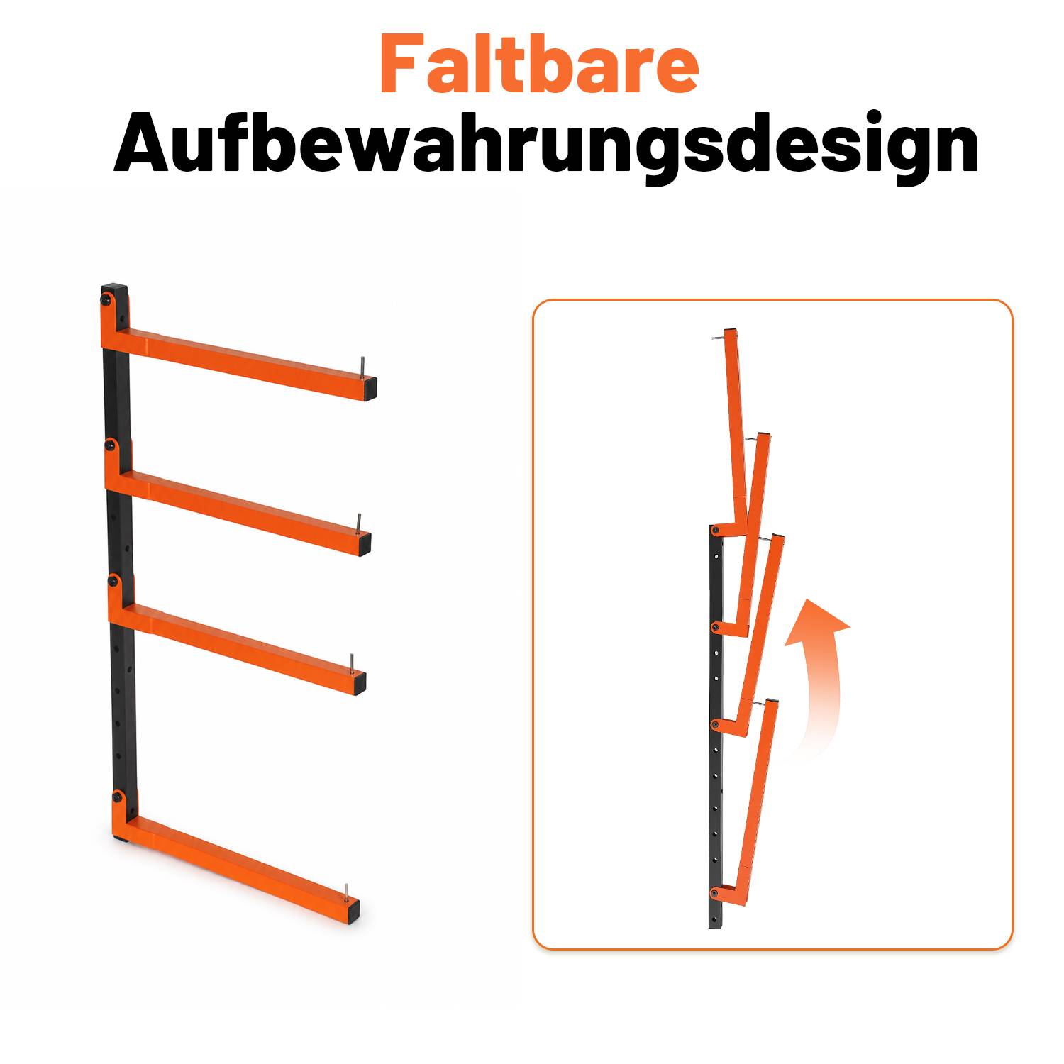Illustration eines faltbaren Lagersystems mit vier orangefarbenen wandmontierten Armen, links ausgefahren gezeigt und rechts zusammengeklappt mit einem Aufwärtspfeil.