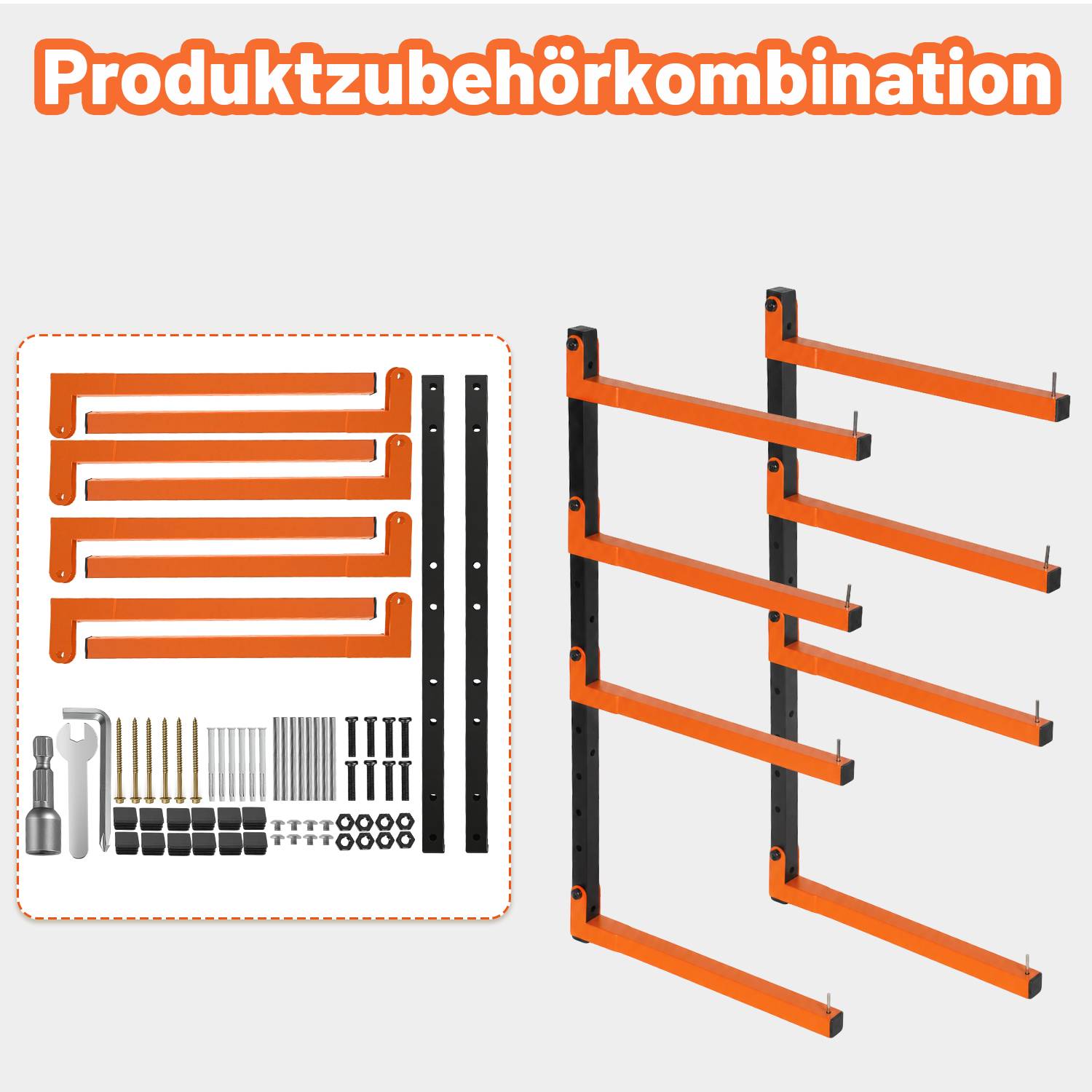 Produktkombination zeigt Teile einer orangefarbenen und schwarzen wandmontierten Lagerkonsole auf der linken Seite und ein zusammengebautes verstellbares Regal mit mehreren orangefarbenen Armen auf der rechten Seite.