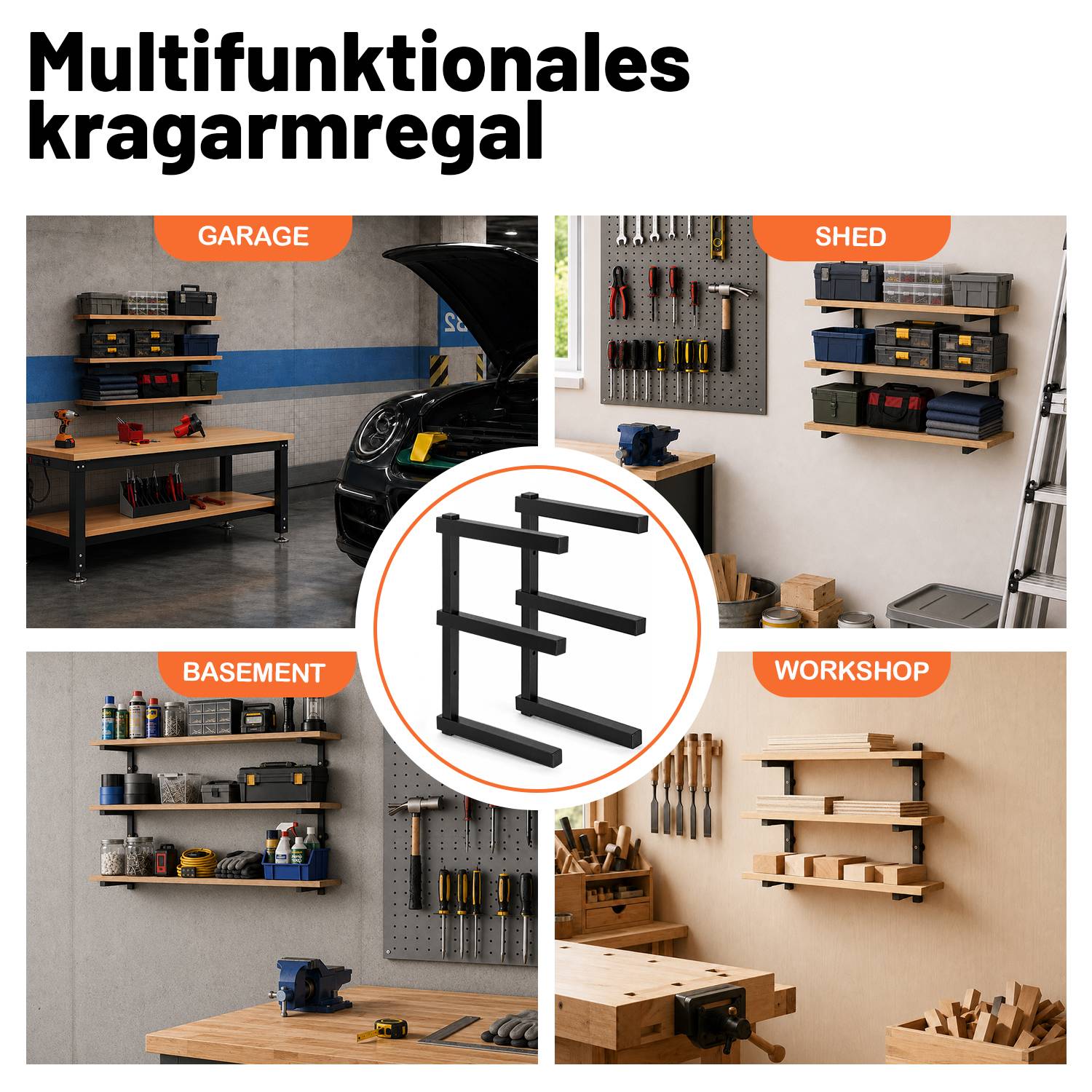 Werbebild für ein multifunktionales Wandlagersystem, gezeigt in Garage-, Schuppen-, Keller- und Werkstattumgebungen.