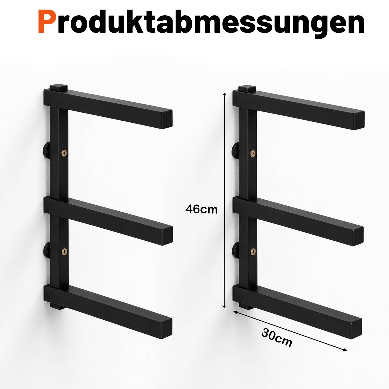 Produktabmessungsdiagramm, das ein schwarzes Metallwandregal zeigt, 46 cm hoch und 30 cm breit.