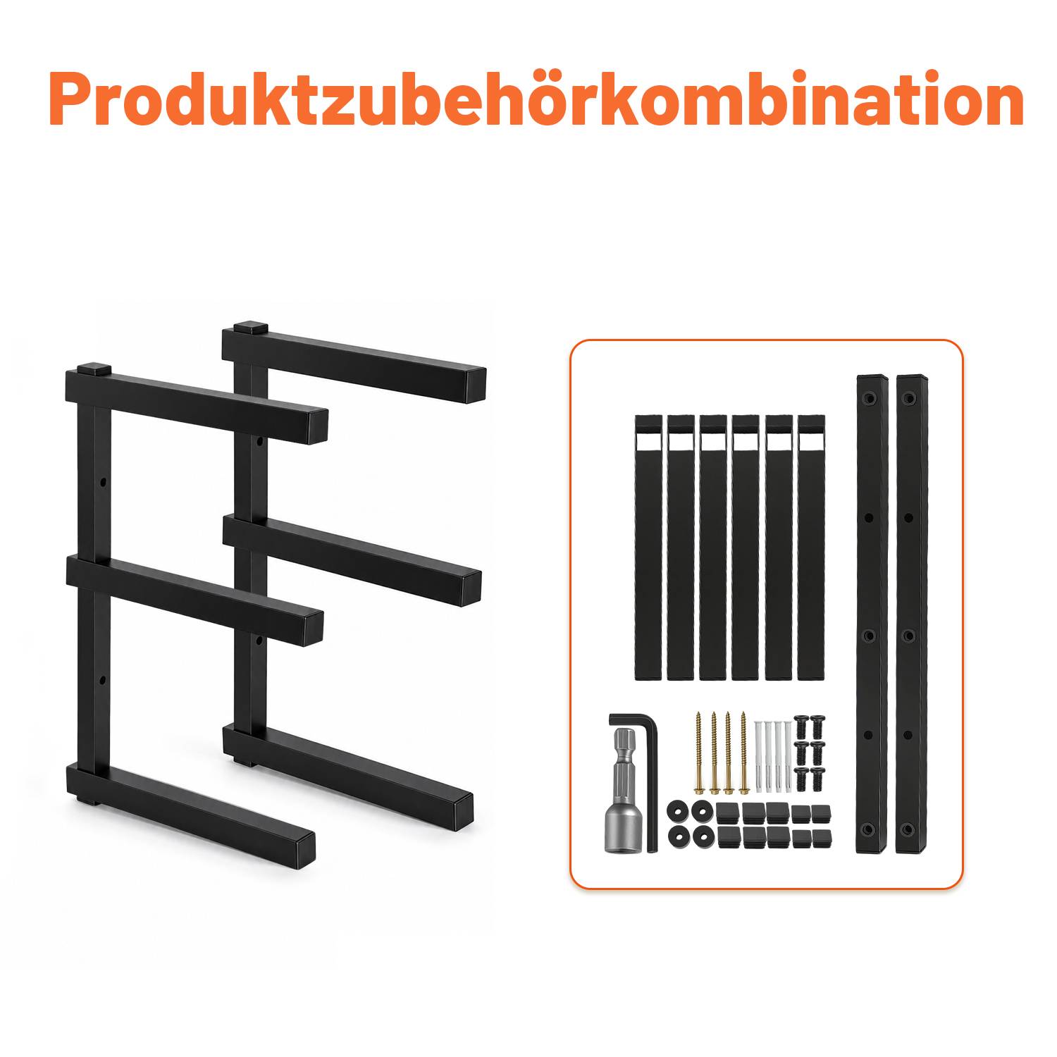 Produktzubehörkombination mit schwarzem Metallrahmen und mitgeliefertem Montagezubehör: Schienen, Halterungen, Schrauben, Dübel und ein Werkzeug.