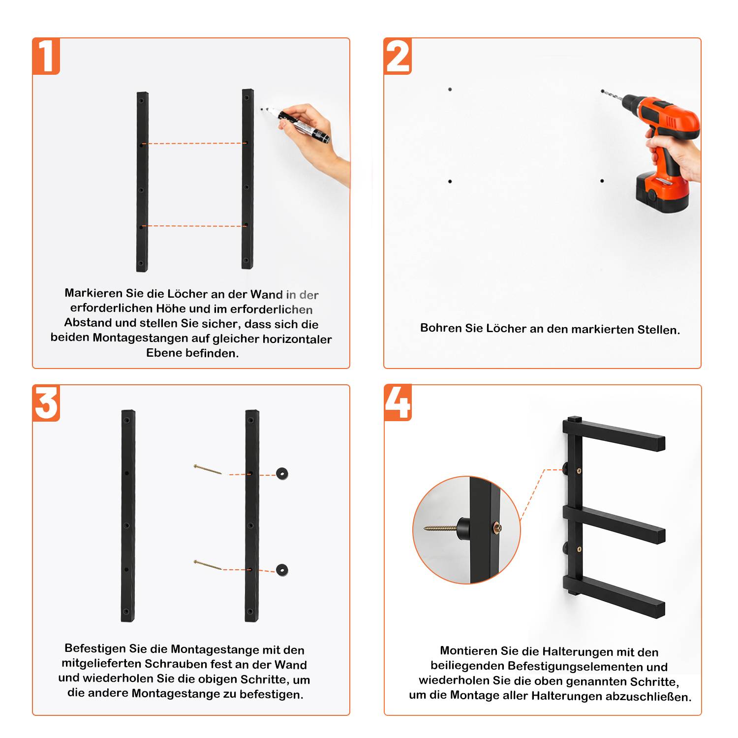 Installationsanleitung für die Wandmontage einer schwarzen Halterung in vier Schritten: Löcher markieren, bohren, Befestigungsschienen anbringen, dann befestigen und die Montage abschließen.