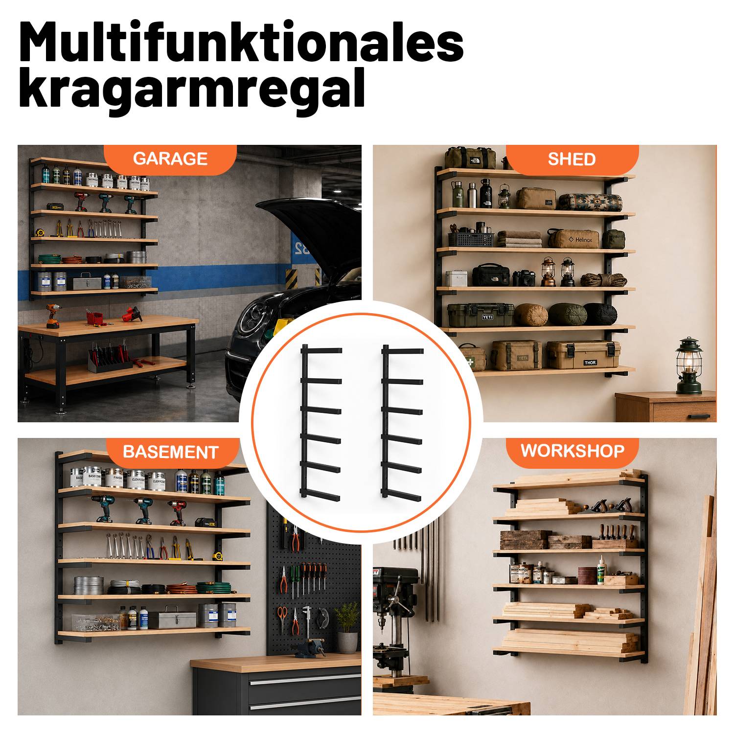 Werbekollage eines multifunktionalen Wandregals für Garage, Schuppen, Keller und Werkstatt mit zentraler Illustration des Regalsystems.