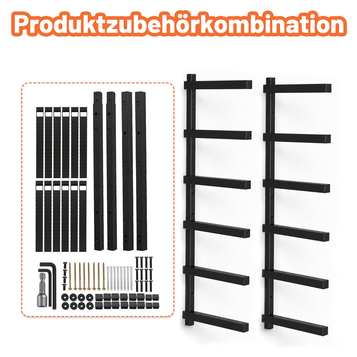 Produktzubehörkombination mit schwarzen Metallgestellteilen, Montagezubehör und zwei zusammengesetzten Lagerkonstruktionen