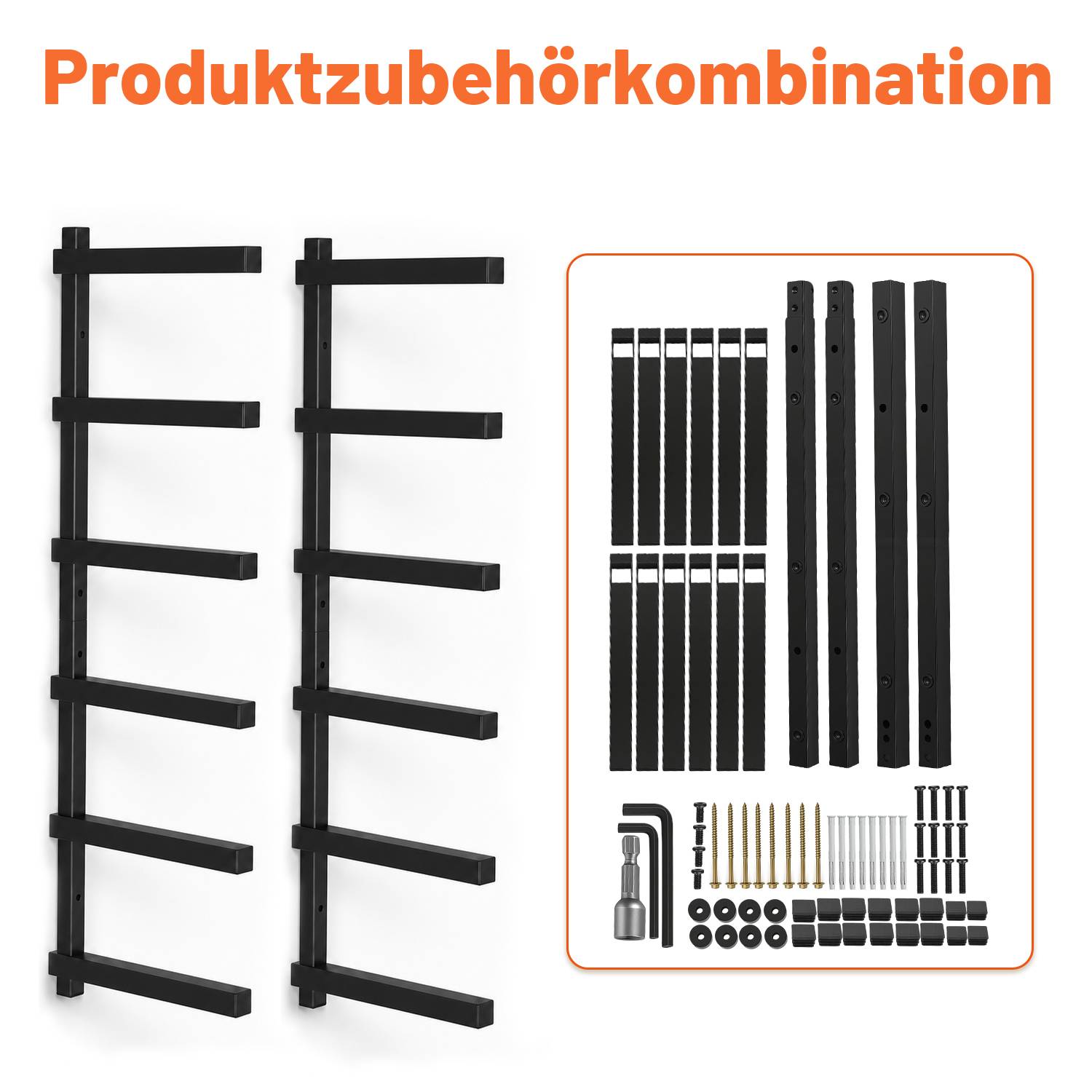 Brennholzregal 6 Ebenen, 2er Wandhalterung Schwarz, mehrstufiges Kragarmregal für Holz und Bretter