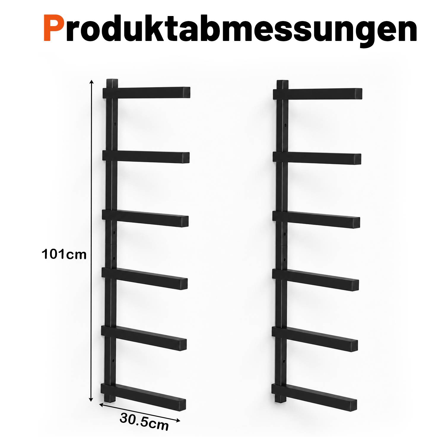 Produktdimensions-Illustration mit zwei schwarzen wandmontierten Regalen; jedes ist 101 cm hoch und 30,5 cm breit.