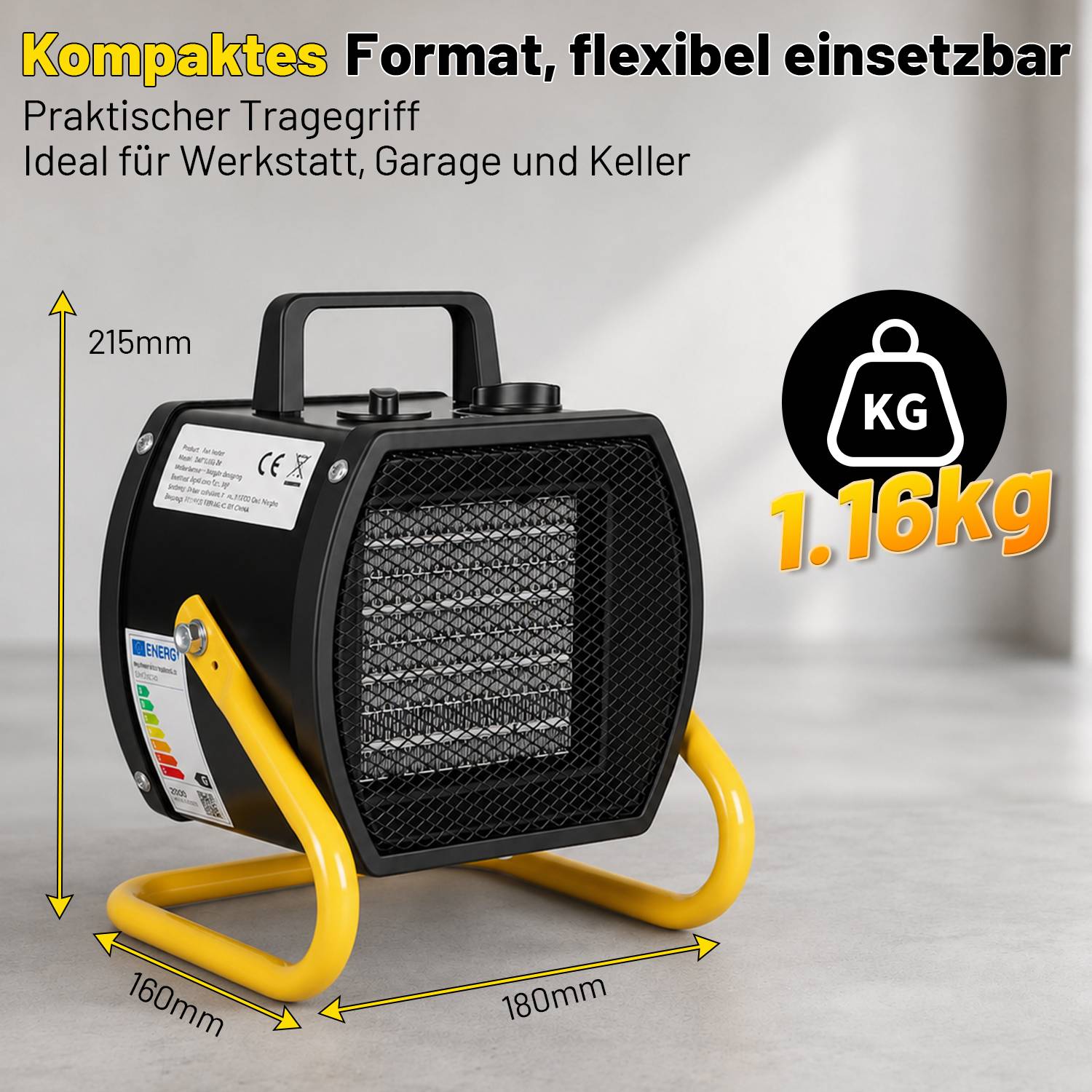 Kompakte tragbare Elektroheizung für Werkstatt, Garage oder Keller; 215 mm hoch, 180 mm breit, 160 mm tief, wiegt 1,16 kg.
