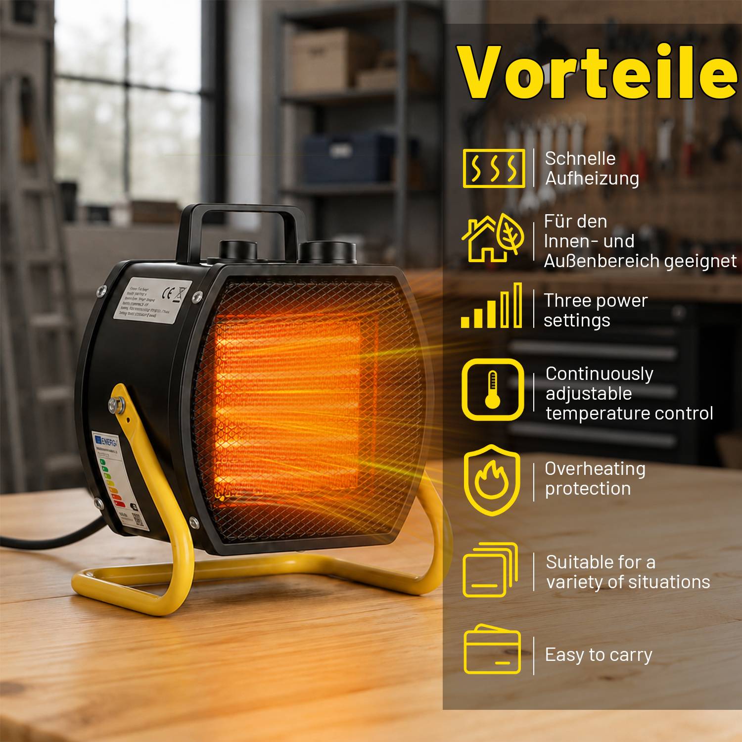 Tragbarer Elektroheizer auf einem Tisch mit orangeglutendem Wärmeschein, mit „Vorteile" und Symbolen, die schnelle Wärmeleistung, Innen-/Außennutzung, 3 Leistungsstufen, einstellbare Temperatur, Überhitzungsschutz und Portabilität aufzeigen.