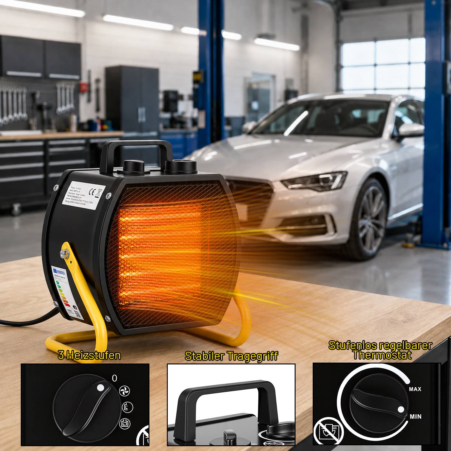 Tragbarer elektrischer Raumheizofen auf einem Werkstatttisch, mit einem Auto und einer Garagenhebebühne im Hintergrund; eingefügte Beschriftungen heben 3 Wärmestufen, Tragegriff und stufenlosen Thermostat hervor.