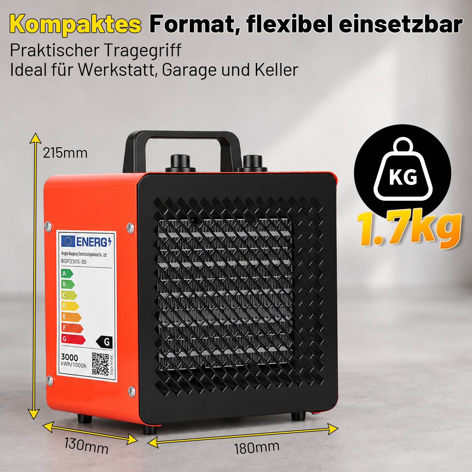 Kompakter tragbarer Heizlüfter mit Abmessungen von 215 mm Höhe, 130 mm Tiefe, 180 mm Breite und einem Gewicht von 1,7 kg; gekennzeichnet für die Verwendung in Werkstatt, Garage und Keller.