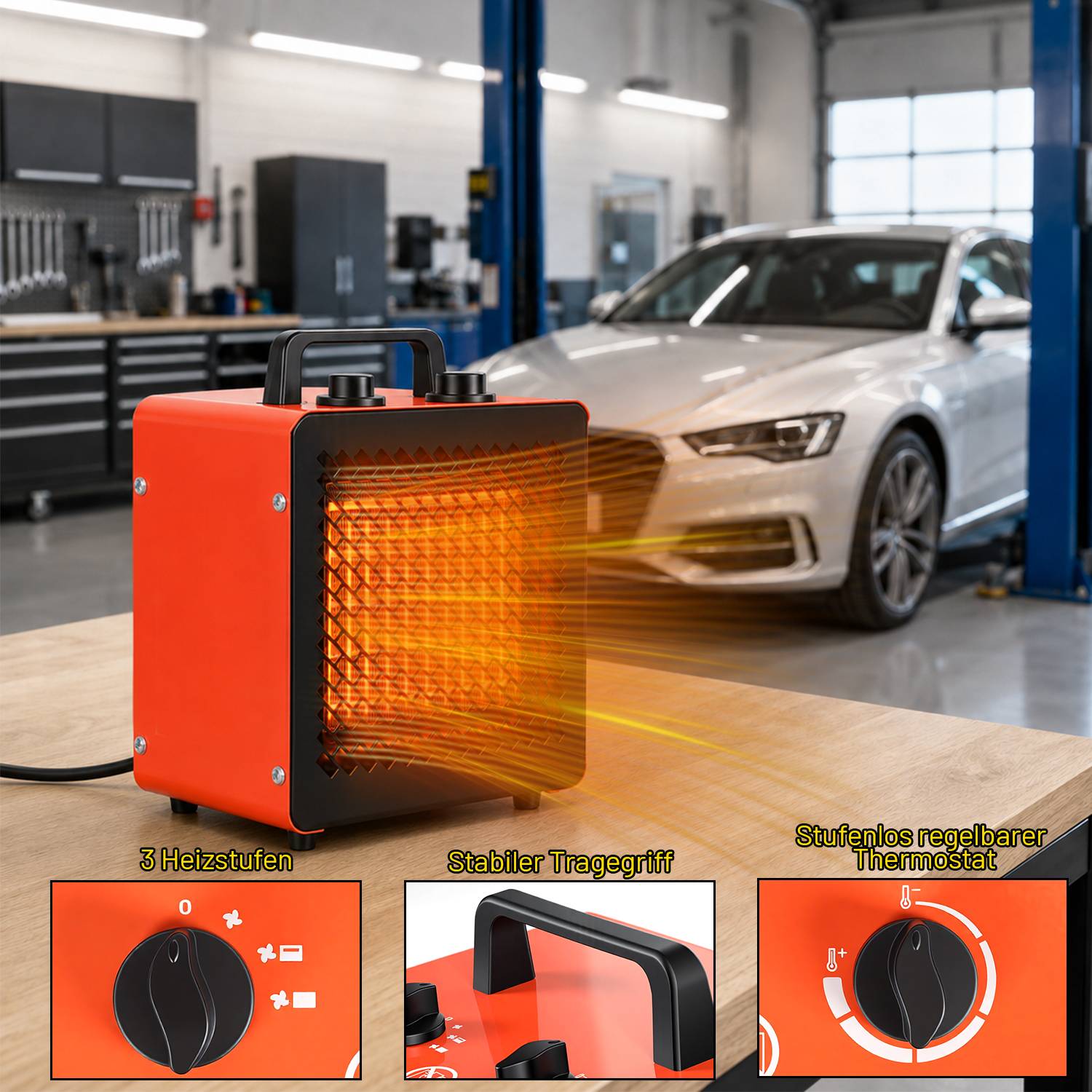 Orange tragbarer elektrischer Raumheizer in einer Werkstatt, auf einen silbernen Auto gerichtet; eingefügte Nahaufnahmen zeigen eine 3-stufige Drehscheibe, Griff und verstellbaren Thermostat.