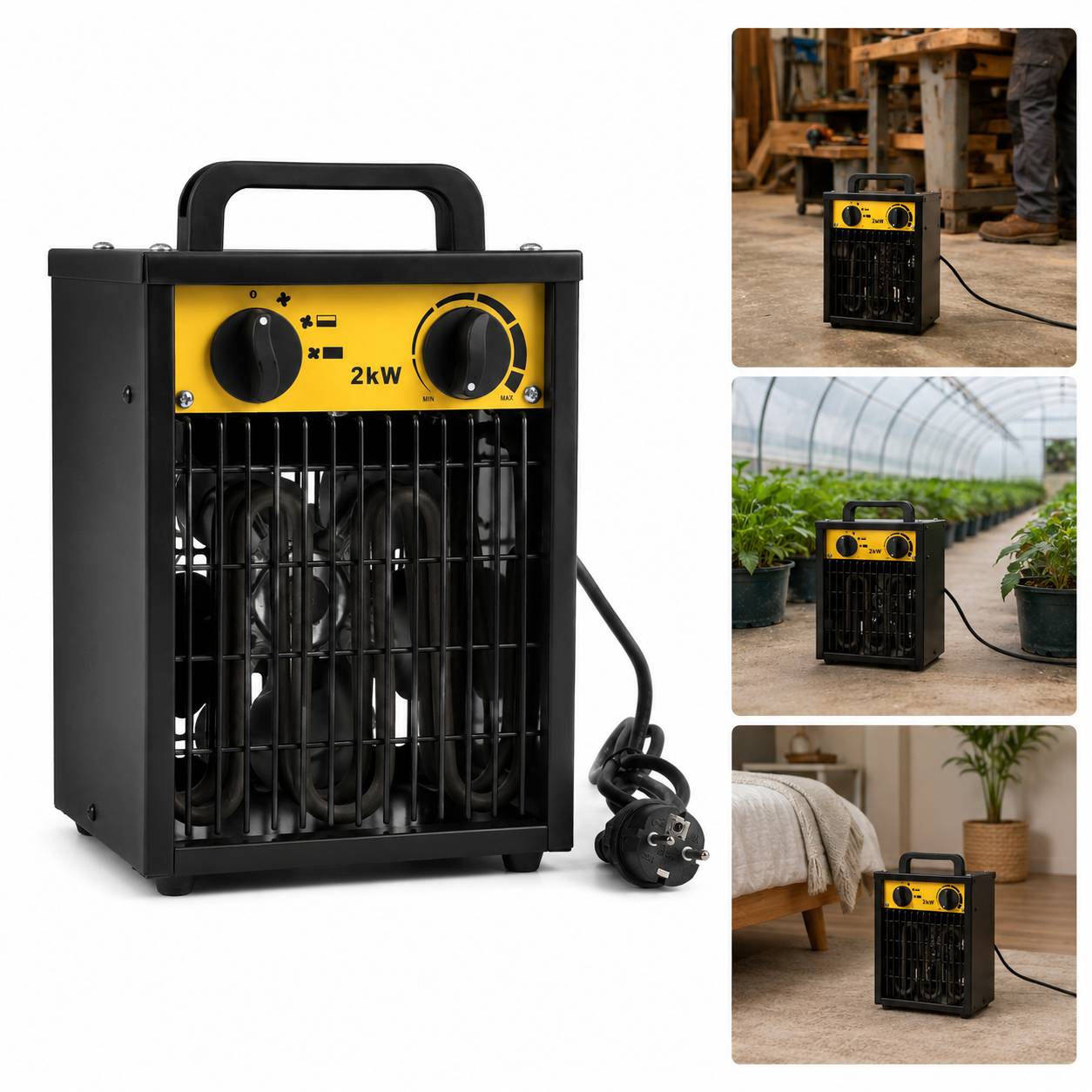 Tragbarer 2-kW-Elektroraumheizer mit Griff und Stromkabel, gezeigt in Verwendung in einer Werkstatt, einem Gewächshaus und einem Schlafzimmer.