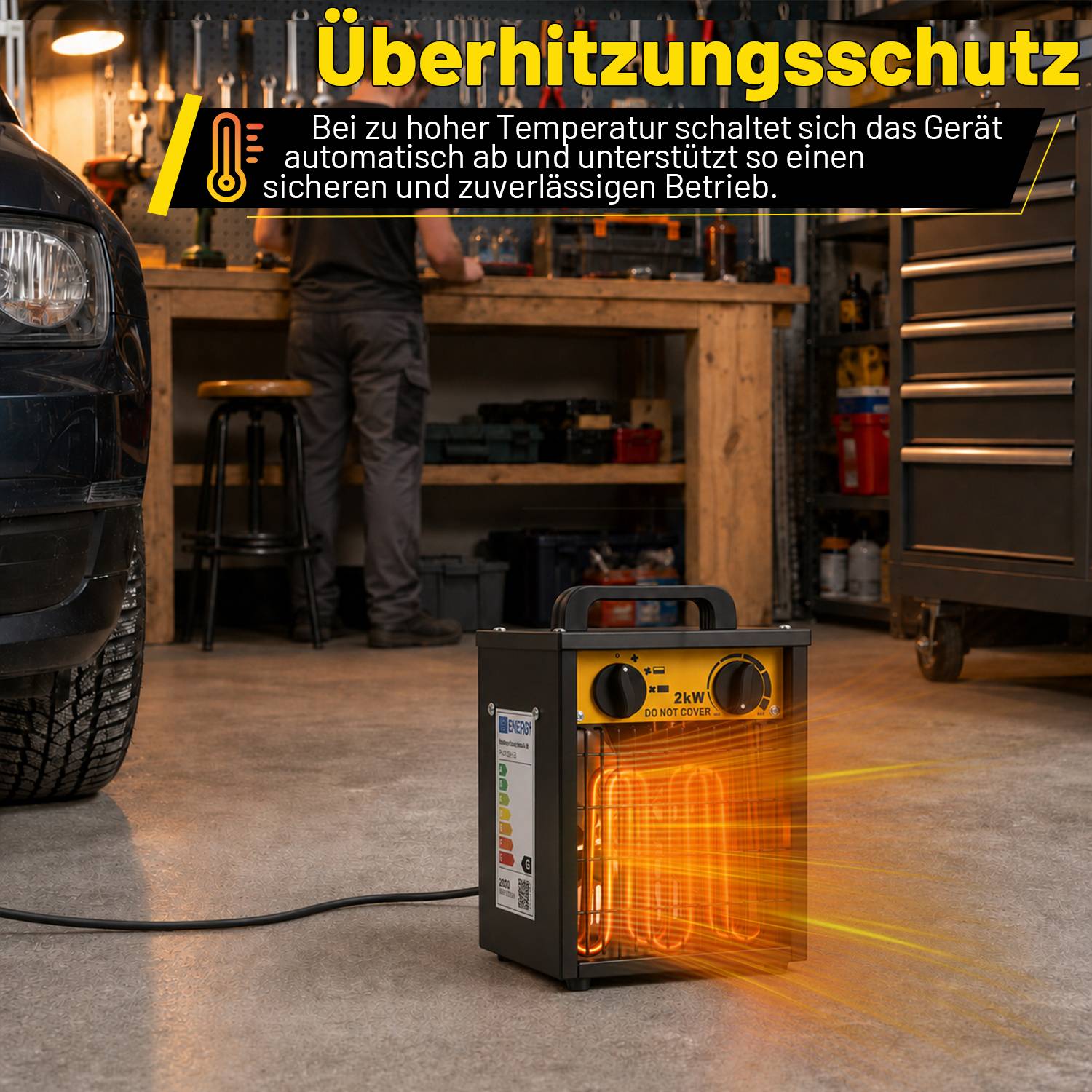 Tragbarer 2-kW-Raumheizer in einer Werkstatt schaltet automatisch bei Überhitzung ab; deutscher Text sagt „Überhitzungsschutz" und erklärt den sicheren Betrieb.