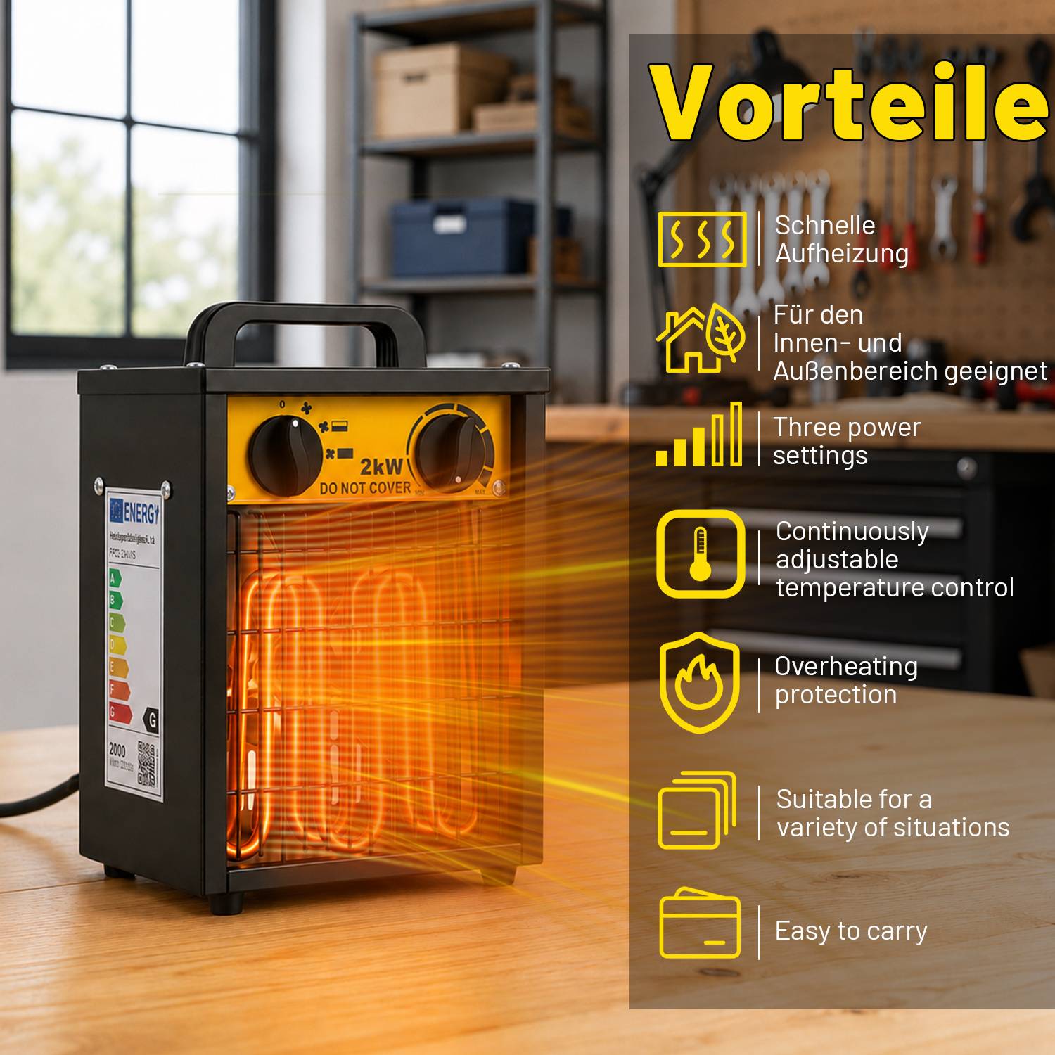 Tragbarer 2-kW-Elektroraumheizer auf einem Holztisch mit glühenden Heizelementen; Überlagerung listet die Vorteile auf: schnelle Wärmeleistung, Innen- und Außenverwendung, 3 Einstellungen, verstellbare Temperatur, Überhitzungsschutz, tragbar.