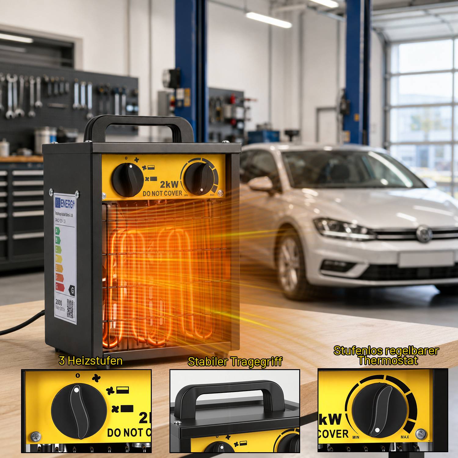 Tragbarer 2-kW-Elektroraumheizer in einer Garage mit drei Heizstufen, Tragegriff und einstellbarem Thermostat; abgebildet neben einem geparkten Auto.