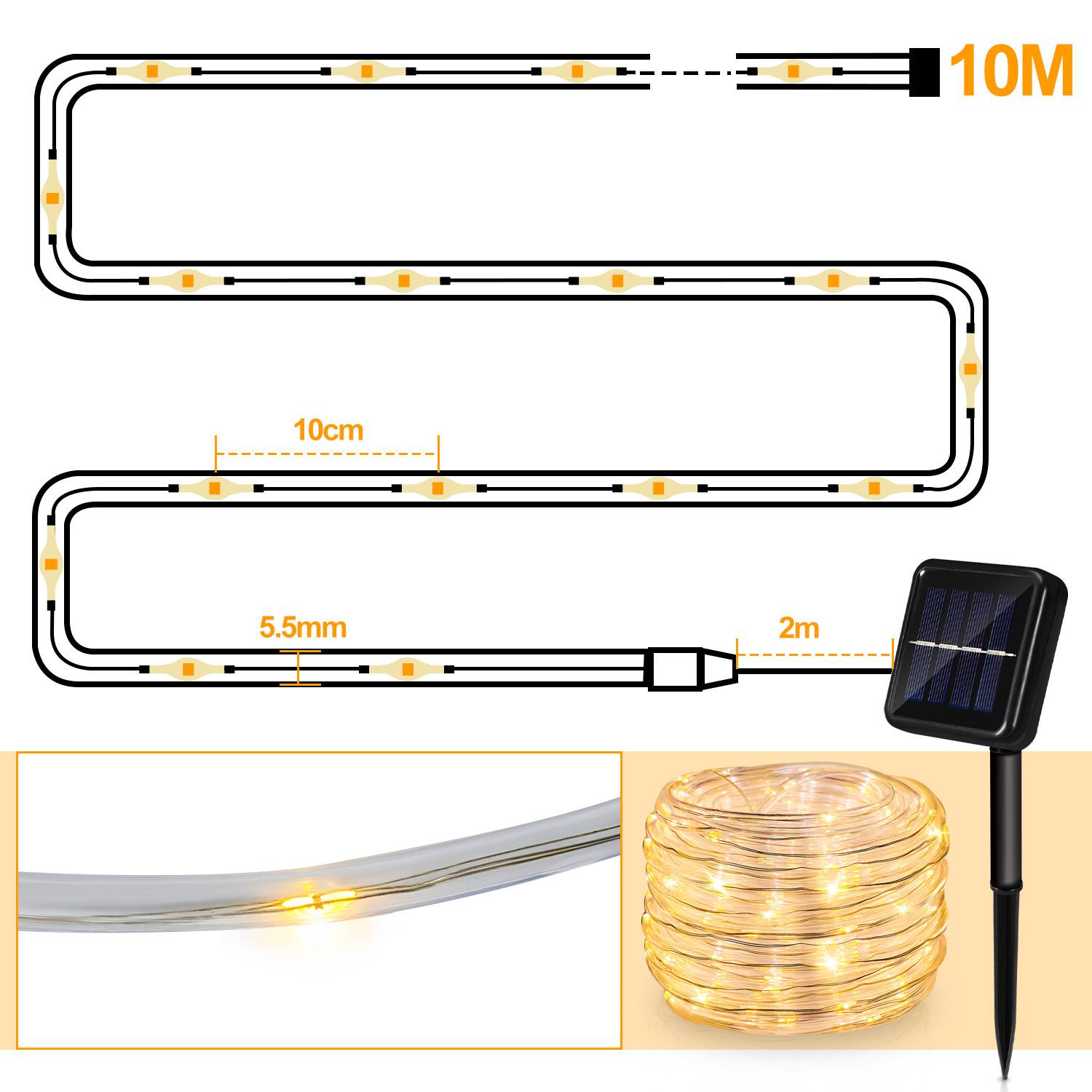 Solar-betriebenes 10m LED-Seilleuchte mit 10cm Abstand zwischen den Leuchtmitteln, 5,5mm Kabel und 2m Zuleitung; aufgerollt und leuchtend mit detaillierter Nahaufnahme dargestellt.