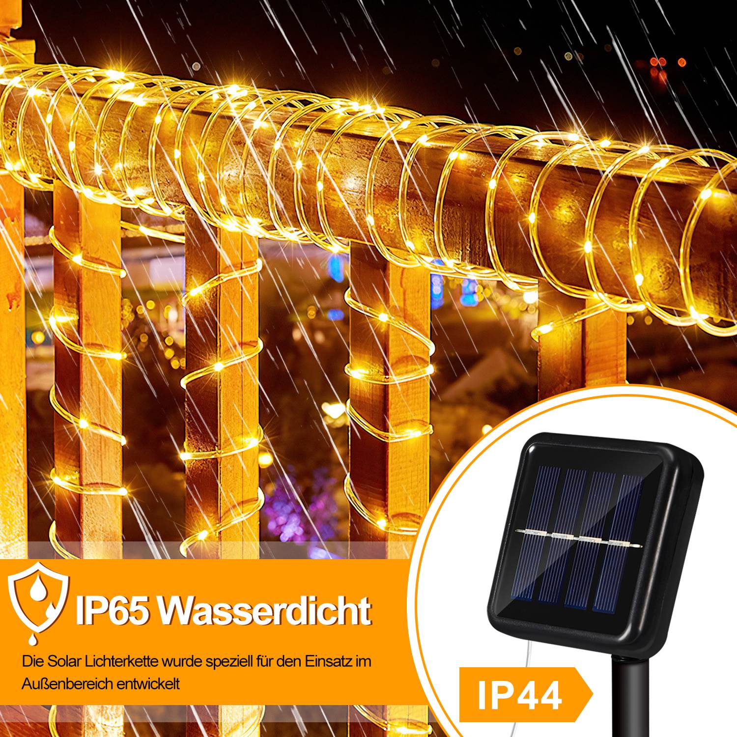 Solargirlanden, die bei Regen um ein Außengeländer gewickelt sind, mit Hinweisen auf die IP65-Wasserdichtheit und ein IP44-Solarpanel.