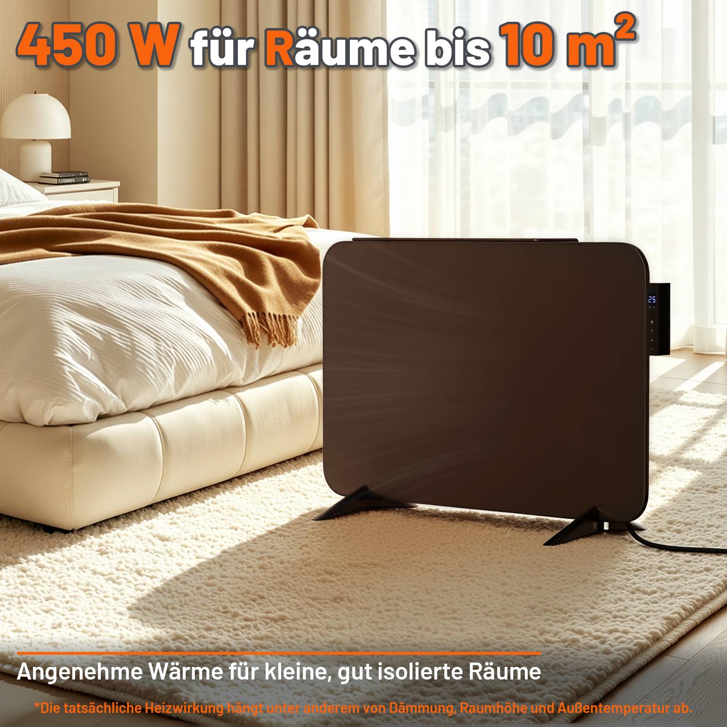 Heizgerät in einem Schlafzimmer mit Text '450 W für Räume bis 10 m²' und 'Angenehme Wärme für kleine, gut isolierte Räume', was darauf hinweist, dass es kleine, gut isolierte Räume beheizt.