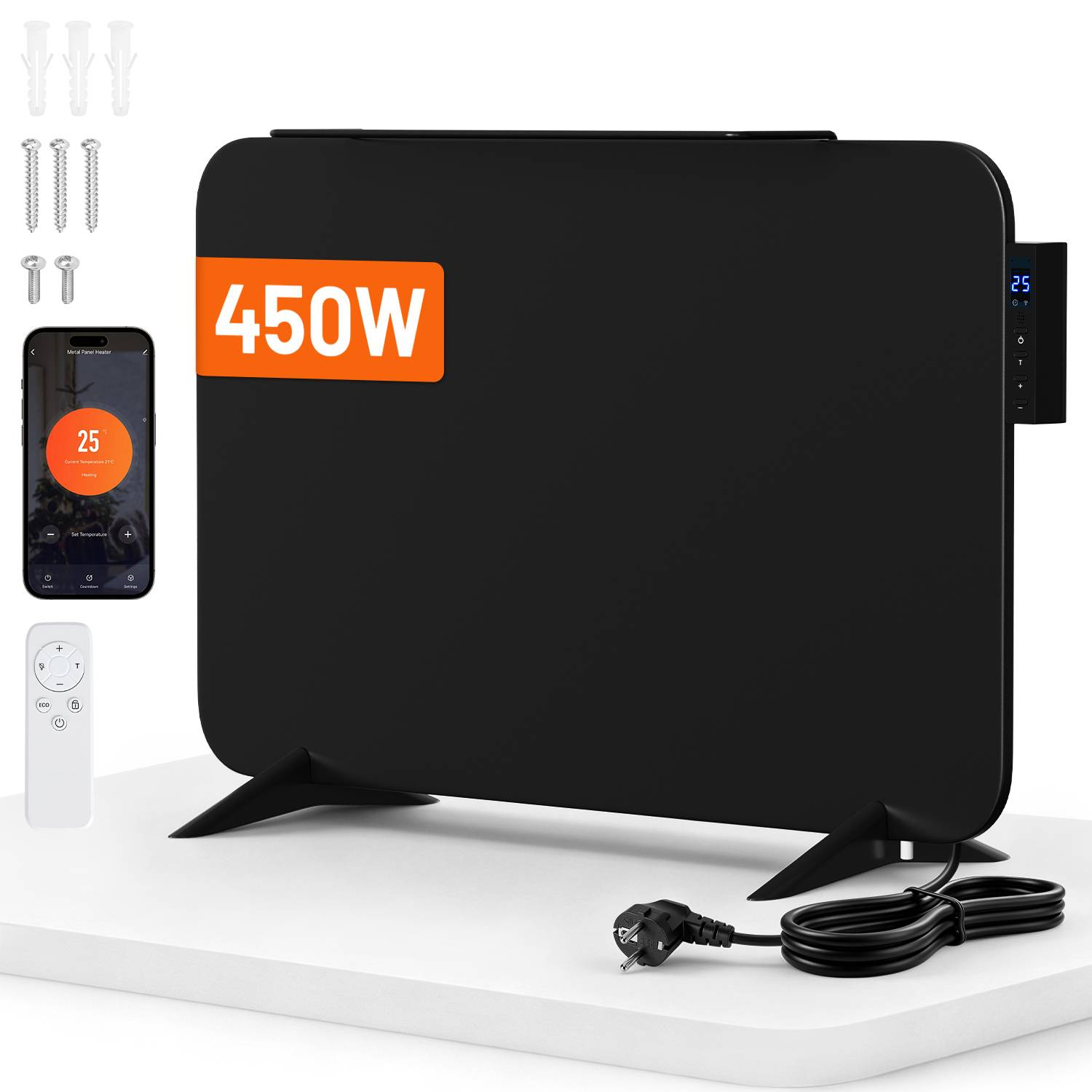 Schwarzer 450-W-Elektroraumheizer mit Smartphone-App, Fernbedienung, Befestigungsschrauben, Stromkabel und digitaler Anzeige.