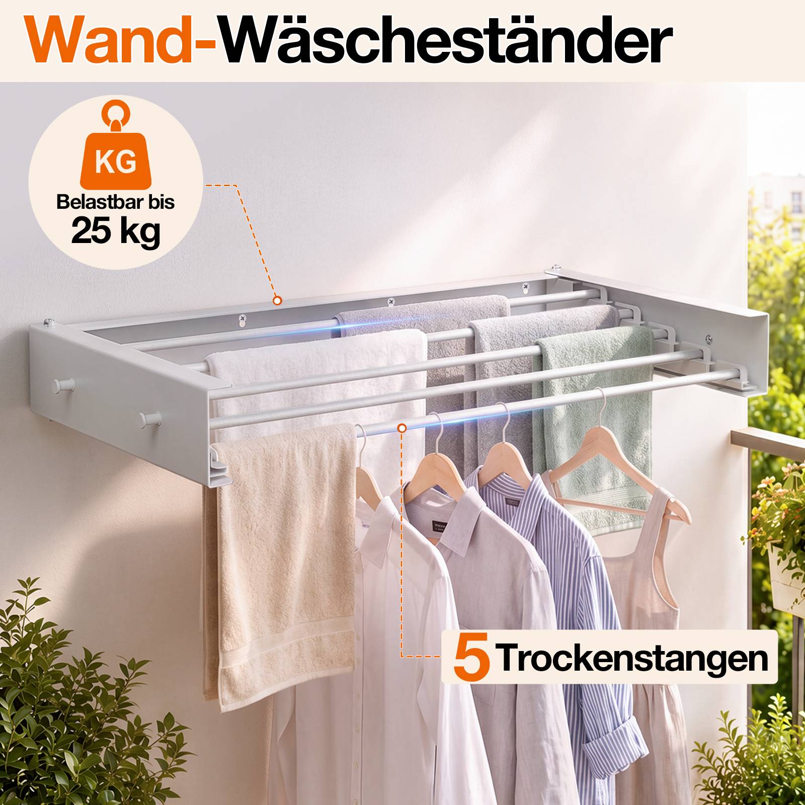 Wandmontierte Wäscheständer mit 5 Trocknungsstangen, mit einer Tragfähigkeit von bis zu 25 kg, zum Aufhängen von Kleidung und Handtüchern im Innenbereich.