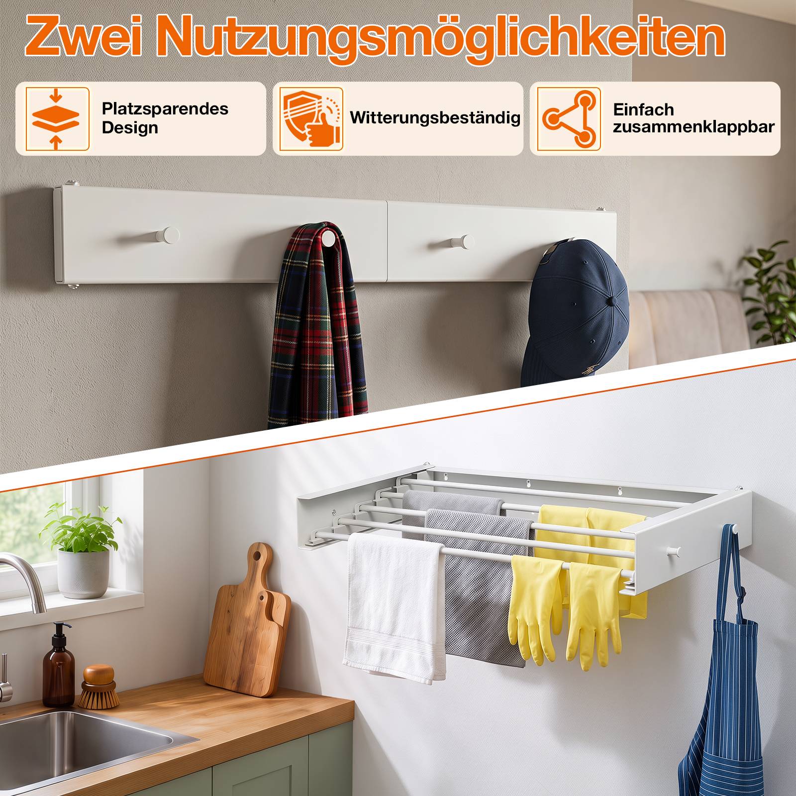 Werbebild eines faltbaren wandmontierten Trockengestells, das auf zwei Arten verwendet wird: als Flurgarderobe und in der Küche zum Trocknen von Wäsche.