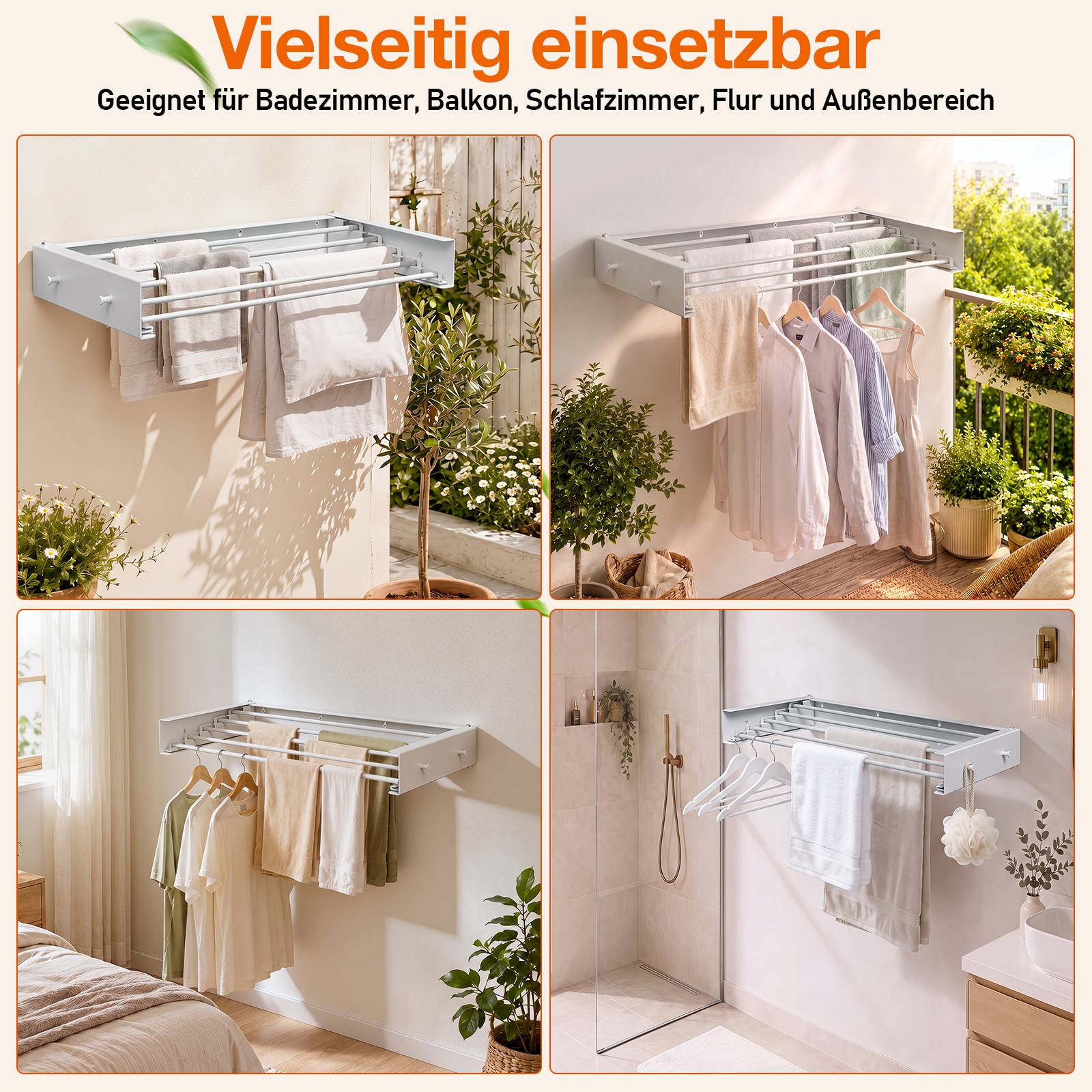 Wandmontiertes ausziehbares Wäschetrocknergestell, das auf Balkonen, in Schlafzimmern und Badezimmern verwendet wird, mit hängenden Handtüchern und Hemden für vielseitiges Trocknen im Innen- und Außenbereich.