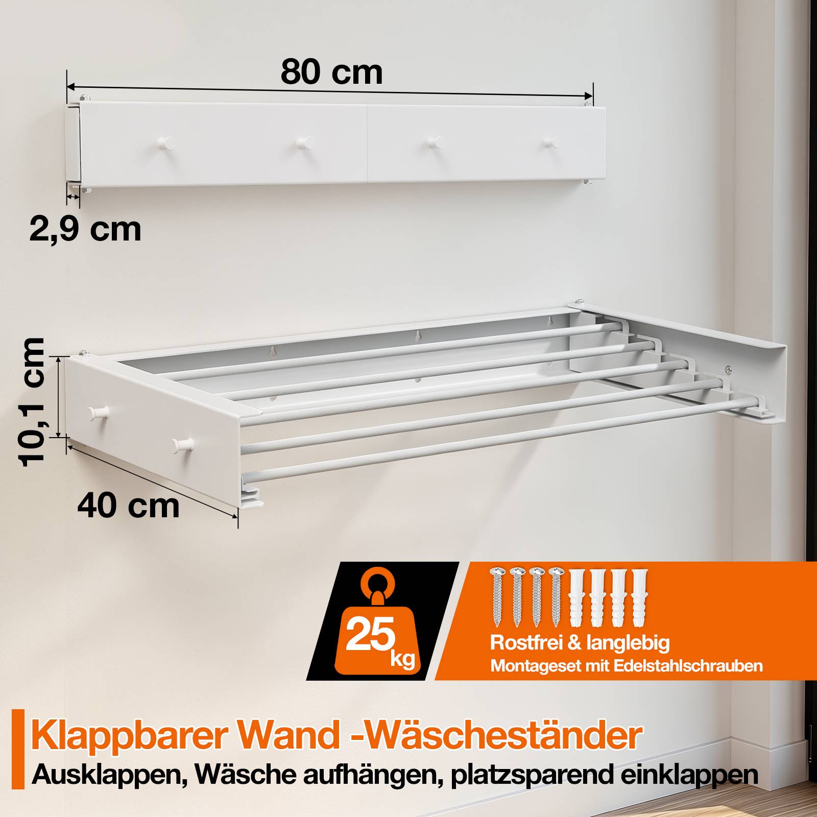 Klappbarer wandmontierter Wäscheständer, 80 cm breit und 40 cm tief im geöffneten Zustand, mit einer Tragfähigkeit von 25 kg, mit Edelstahlschrauben; der deutsche Text bewirbt platzsparendes Trocknen.